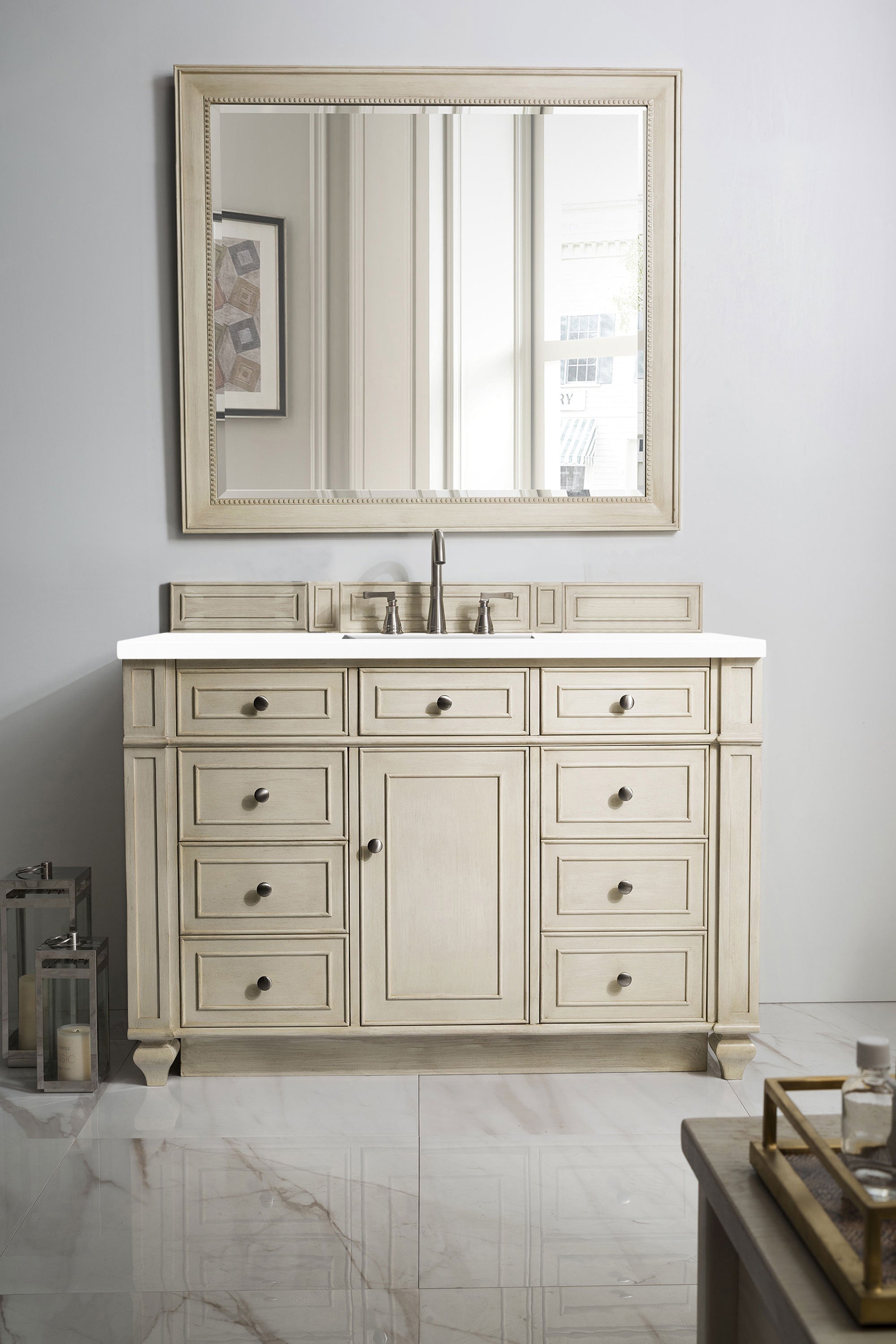 Bristol 48 Inch Single Bathroom Vanity Set with 3CM Classic White Quartz Countertop in Vintage Vanilla - Perfect for Modern Farmhouse, Coastal, and Traditional Bathroom Designs