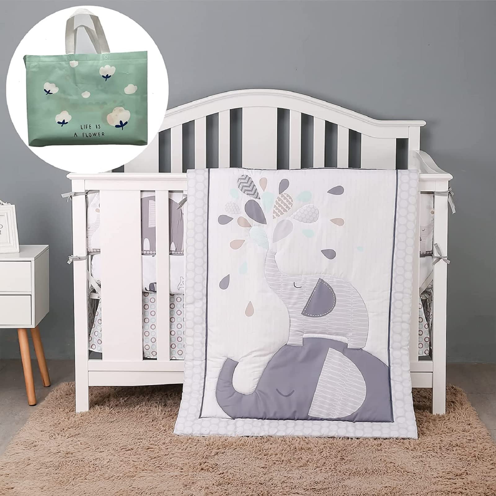 8-Piece Soft Crib Bedding Set with 4 Side Cushions, Quilt, Sheet, Pillowcase & Skirt - Grey Elephant Design for Baby Boys & Girls | Nursery Essentials for Newborns, Infants & Toddlers | Perfect for Crib Safety & Nursery Decor