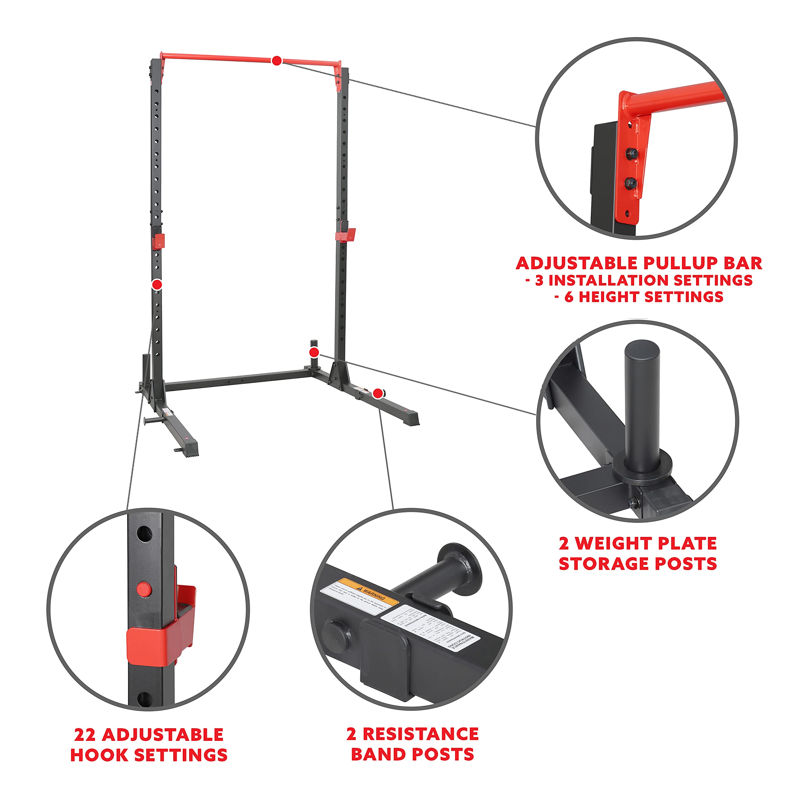 Sunny Health & Fitness Power Cage & Squat Rack - Heavy Duty 1000lb Capacity with J-Hooks, Adjustable Pull-Up Bar, Weight Plate Holders & Resistance Band Posts - Perfect for Home Gym Strength Training & Weightlifting Workouts