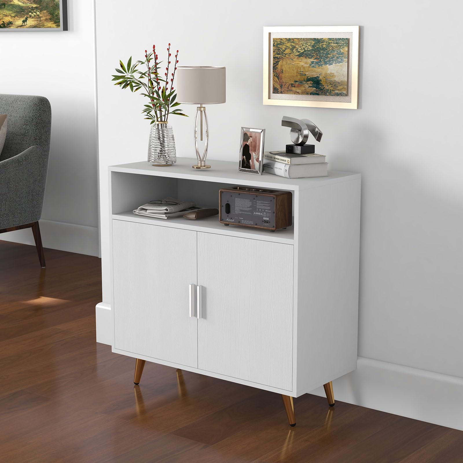 Bonzy Home White Shoe Storage Cabinet with Sensor Light - Entryway Hallway Organizer with Doors & Shelves for Living Room, Bedroom, or Closet - Space Saving Furniture for Small Apartments