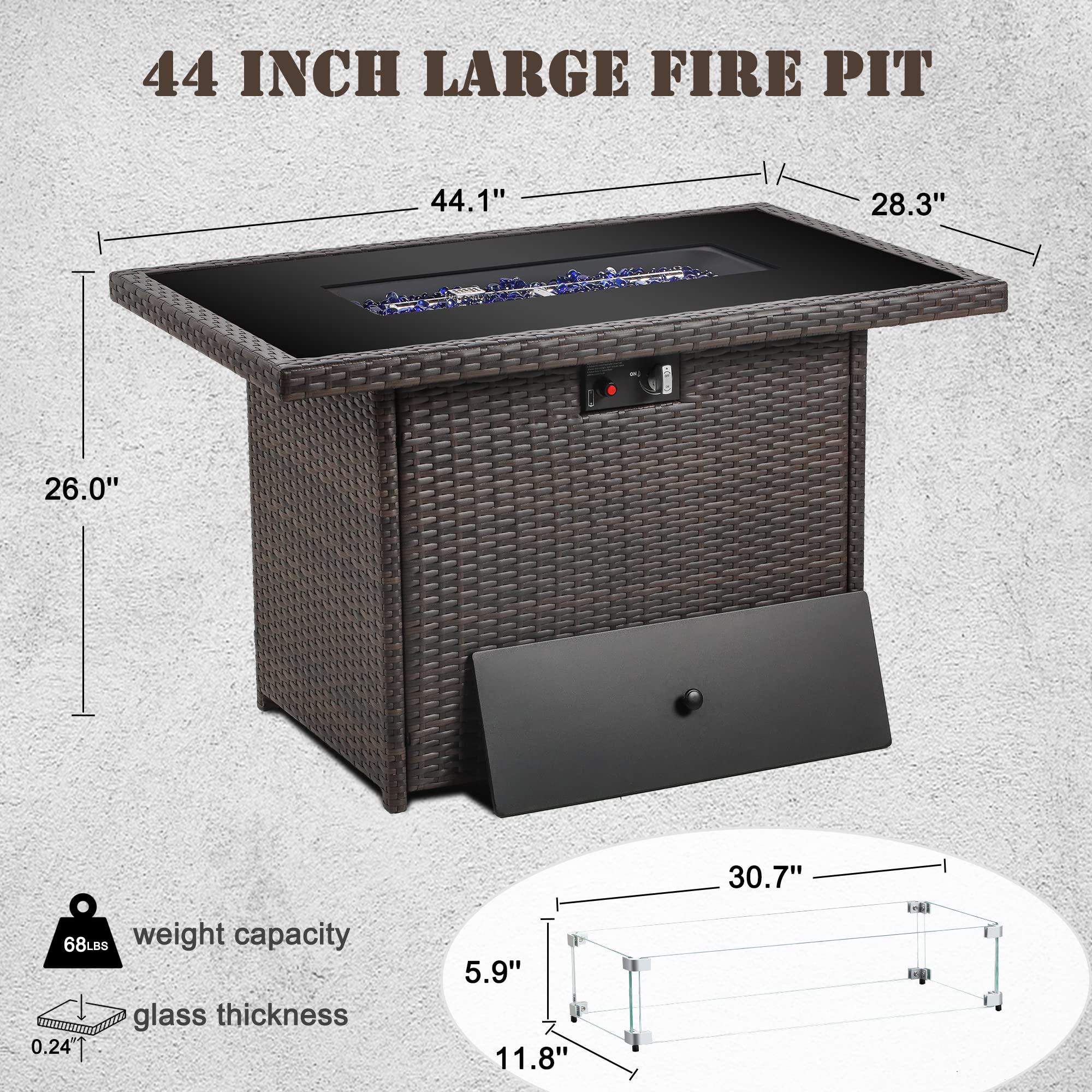 44 Inch 55000 BTU Outdoor Propane Fire Pit Table with Glass Wind Guard - Rectangular Patio Heater for Deck, Backyard, Garden (Brown Glass Top) | Perfect for Outdoor Entertaining, Camping & Cozy Nights