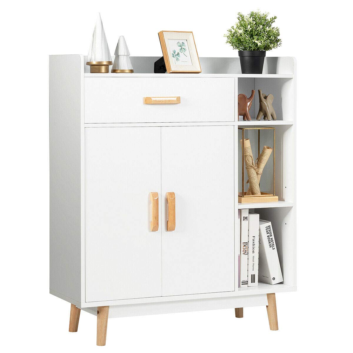 Free Standing Floor Storage Cabinet with 1 Drawer, 2 Doors & 3 Open Shelves - Multifunctional Organizer for Towels, Linens, Toiletries, Books & Documents | Perfect for Bathroom, Shower Caddy, Bedroom & Home Office Storage