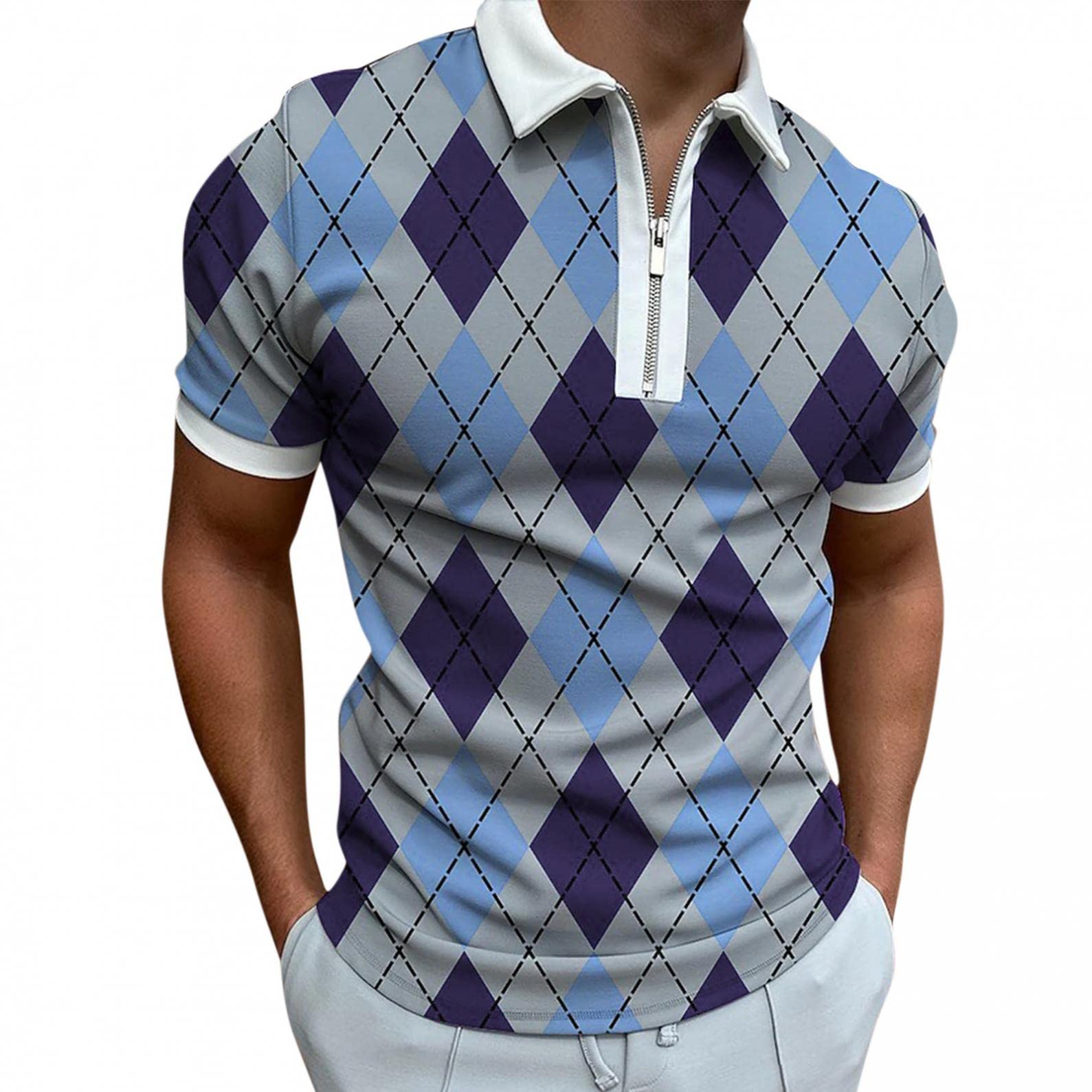 NOLDARES Men's Cotton Short Sleeve Polo Shirts with Polka Dot Print & Zipper Lapel - Slim Fit Casual & Office Wear for Business, Golf, and Summer Outings