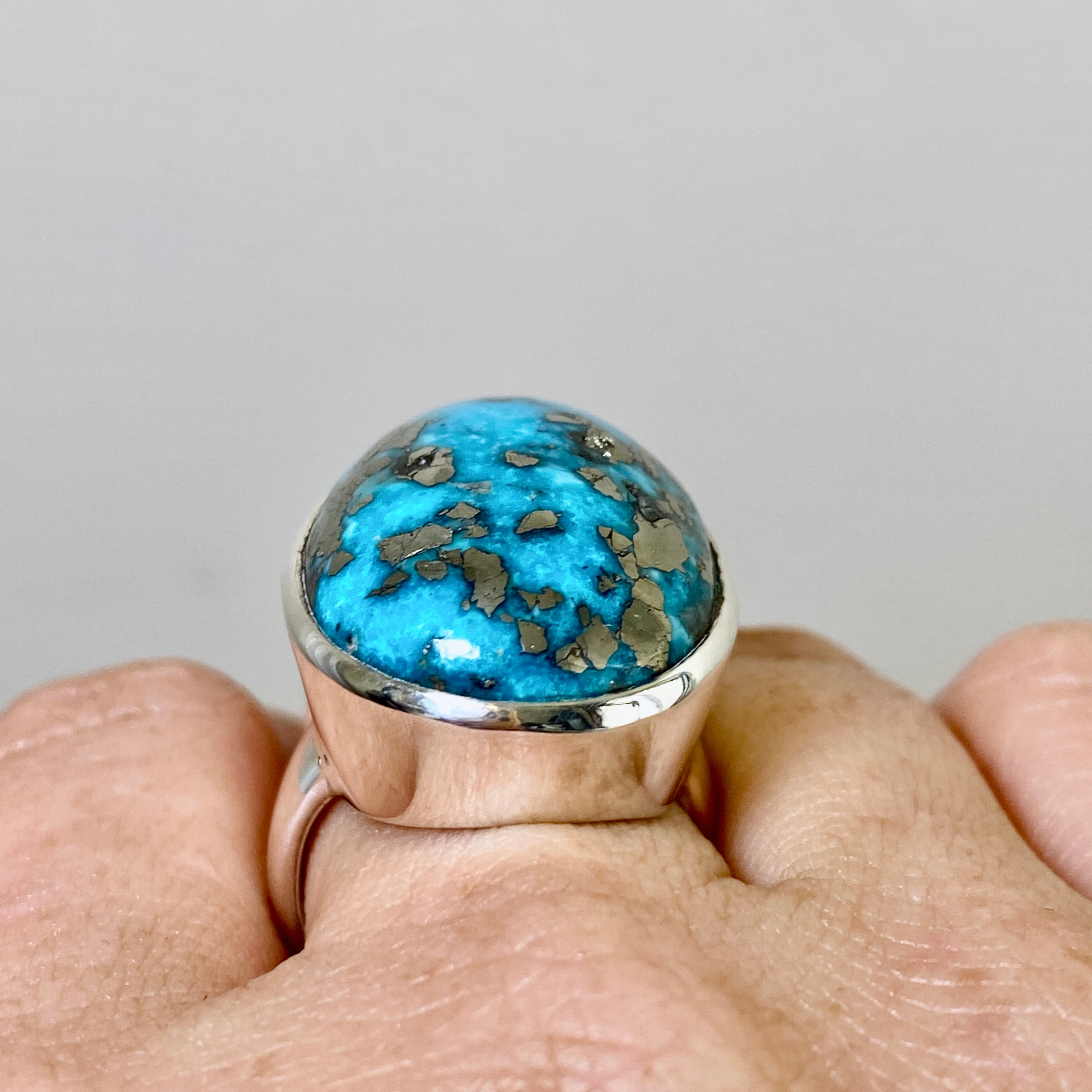 Natural Persian Turquoise with Pyrite Oval Cabochon Ring - Size 9 - Handmade Iranian Jewelry - Perfect for Boho Fashion & Gift Giving