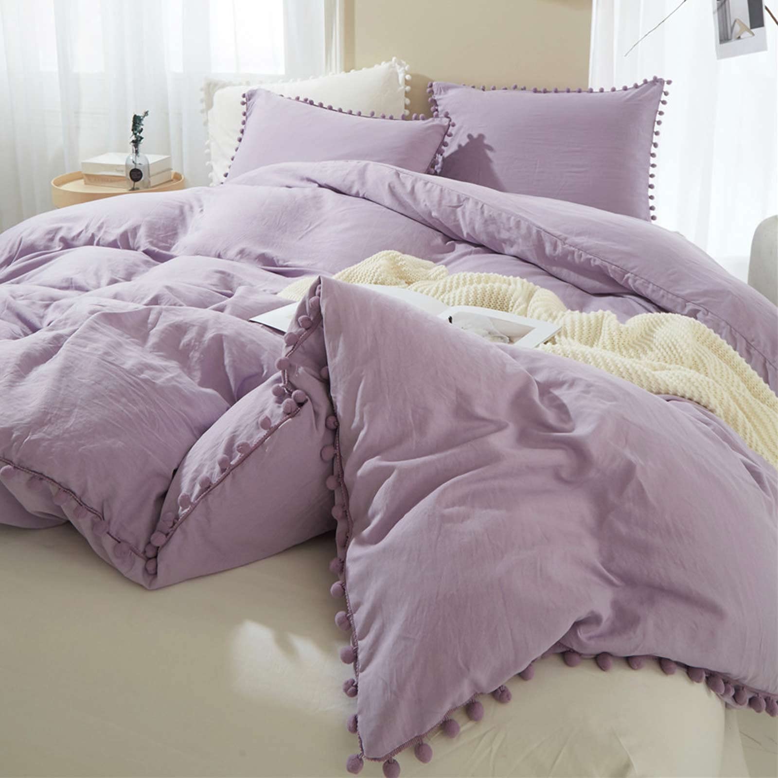 ETDIFFE Lavender Pom Duvet Cover Twin Size - 2 Piece Boho Bohemian Farmhouse Microfiber Quilt Cover Set - Soft & Lightweight Bedding Comforter Cover, Solid Purple Pompom Trim - Perfect for Guest Rooms, Dorm Decor & Cozy Bedroom Makeover