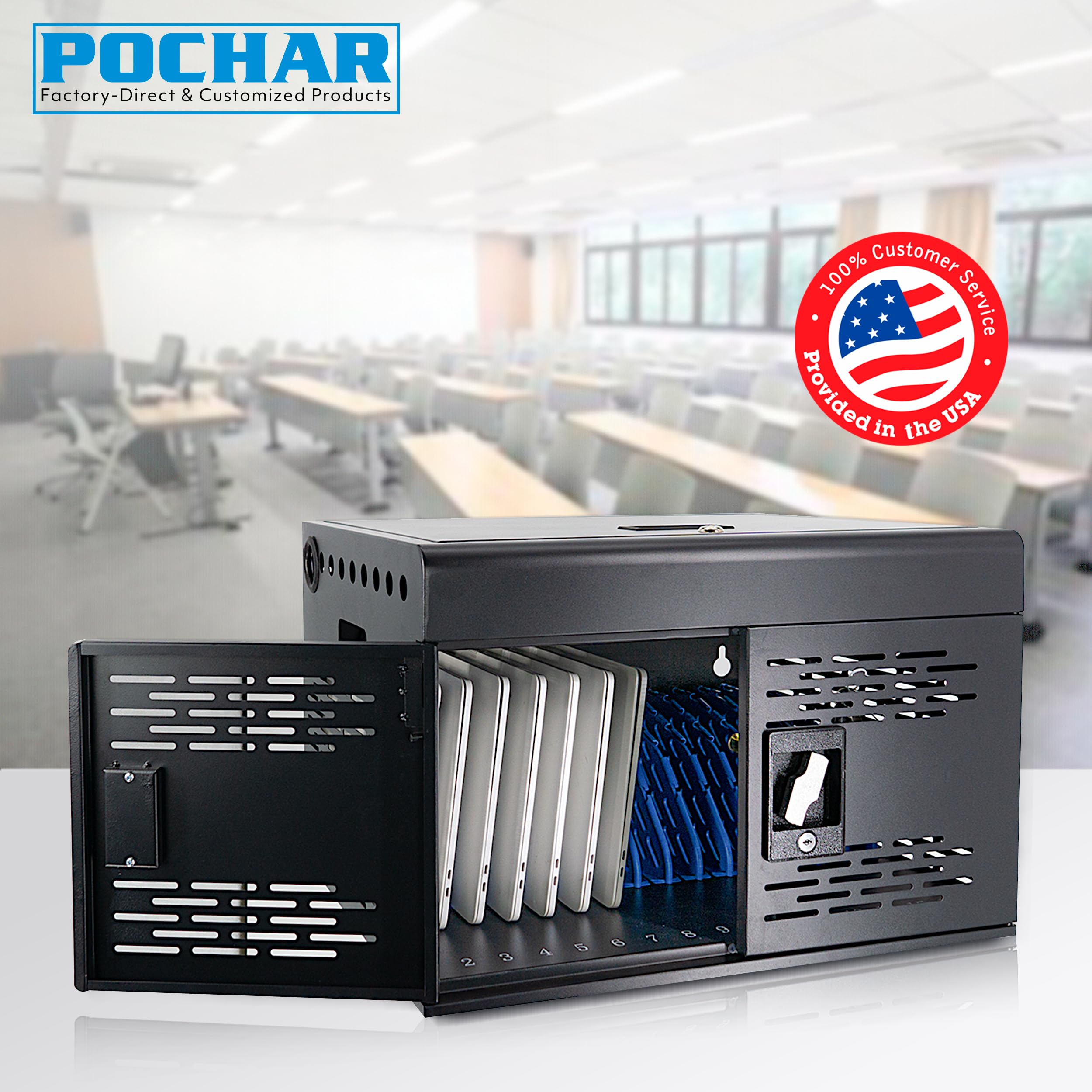 16-Port Locking Charging Cabinet for Laptops & Tablets - Secure Storage with Cable Management, Charger Organization & Ground Protection - Ideal for Classroom, Library, Office & School Tech Stations