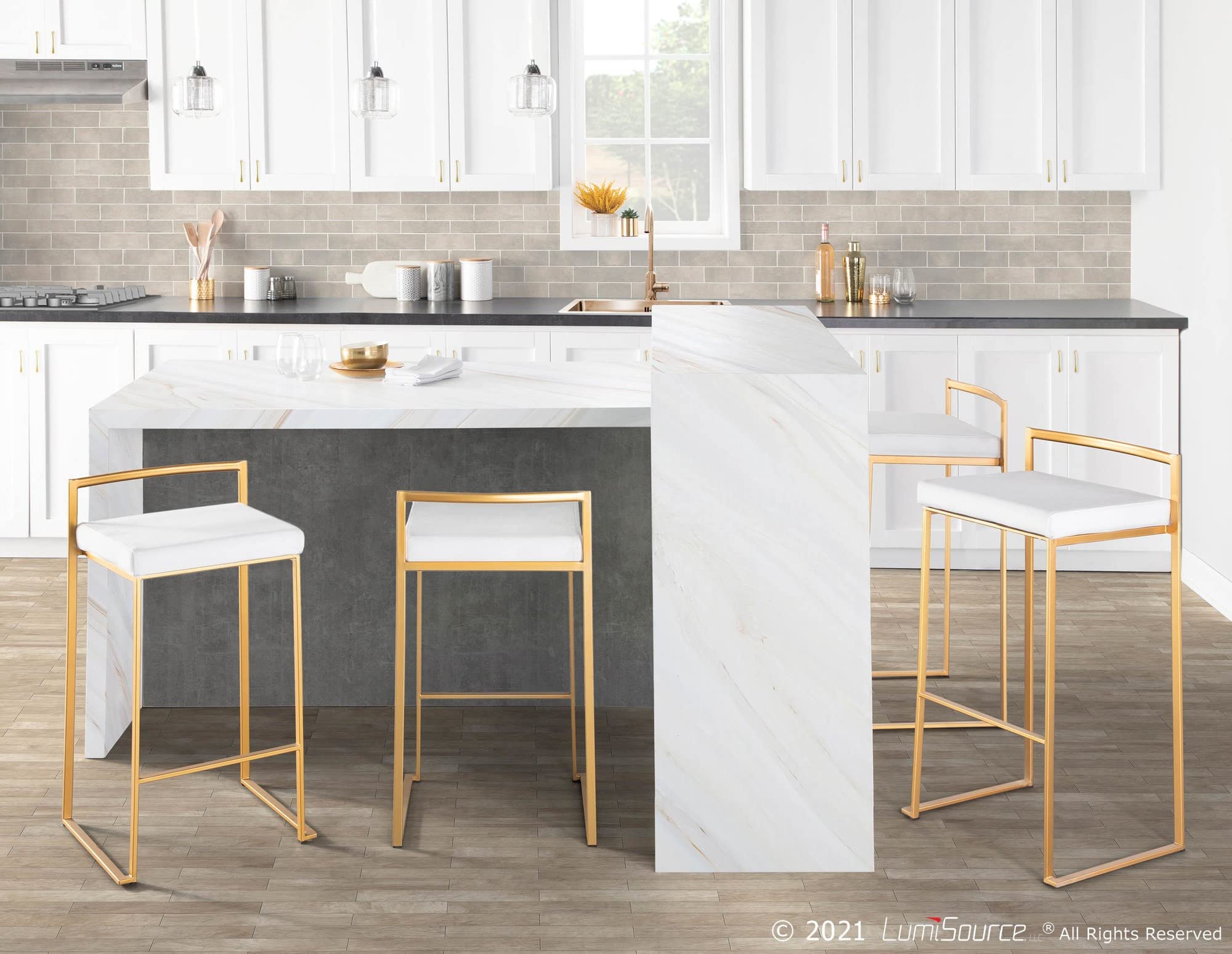 Fuji Stacker Bar Stool Set of 2 - Modern Adjustable Height Bar Chairs for Kitchen Island, Breakfast Nook & Home Bar - Durable Metal Frame & Comfortable Seat