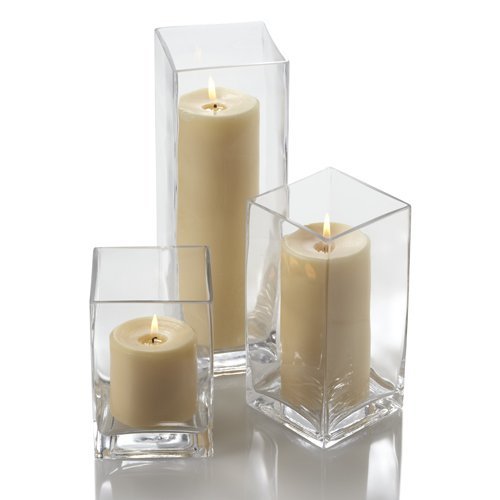 Richland Set of 18 Glass Eastland Square Vases & 18 Ivory Pillar Candles - Elegant Home Decor for Weddings, Centerpieces, and Holiday Table Settings