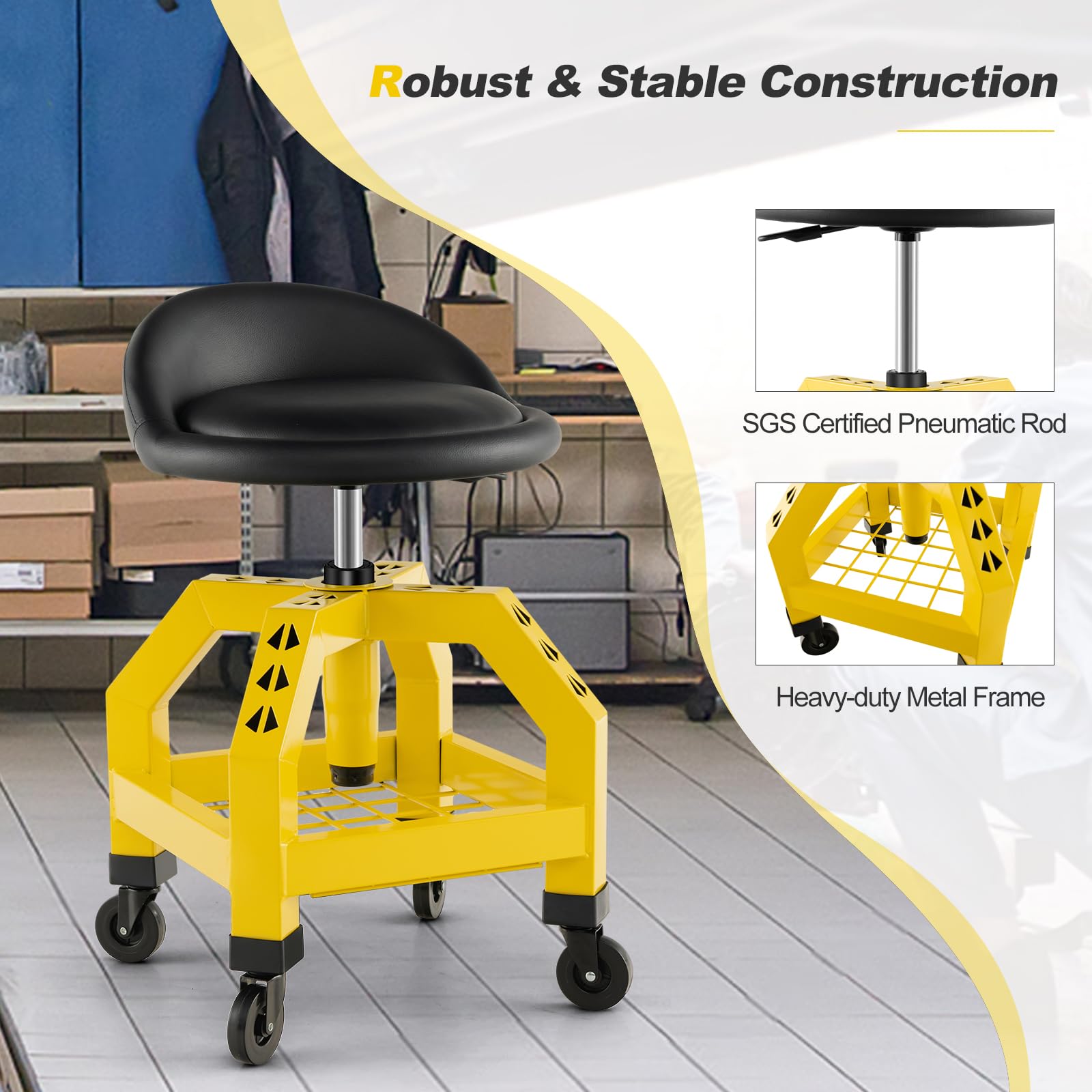 Goplus Heavy Duty Mechanic Stool with Wheels - 360° Swivel Rolling Garage Stool, Adjustable Height 22.5”-27.5”, Padded Seat & Tool Tray, 330 LBS Capacity - Perfect for Auto Repair, Workshop, DIY Projects & Industrial Use