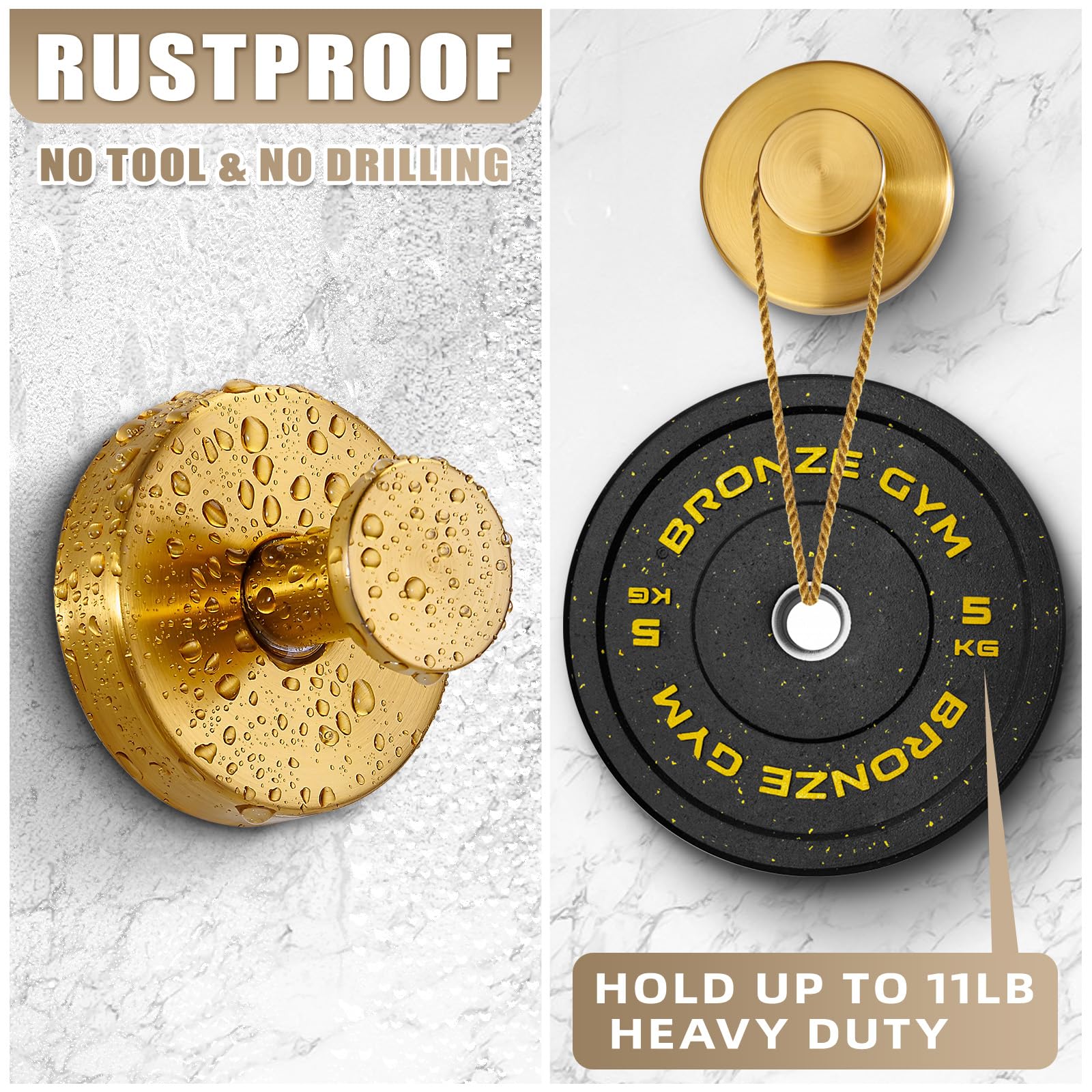 Strong Suction Cup Hooks for Shower - No Drill Bathroom Hooks for Towels, Robes & Loofahs - Mounts on Walls, Glass, Mirrors & Tiles (2 Pack, Brushed Gold) - Perfect for Bathroom, Kitchen & Home Organization