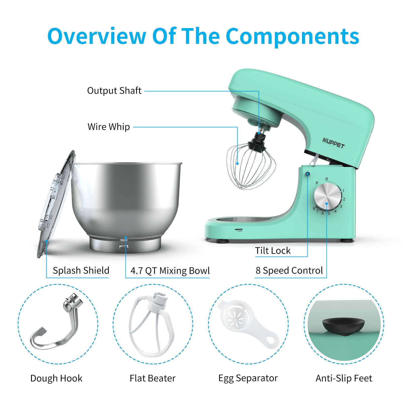 KUPPET 8-Speed Tilt-Head Stand Mixer with 4.7QT Stainless Steel Bowl, Dough Hook, Wire Whip & Beater - Perfect for Baking Cakes, Cookies, Bread & More (Green)