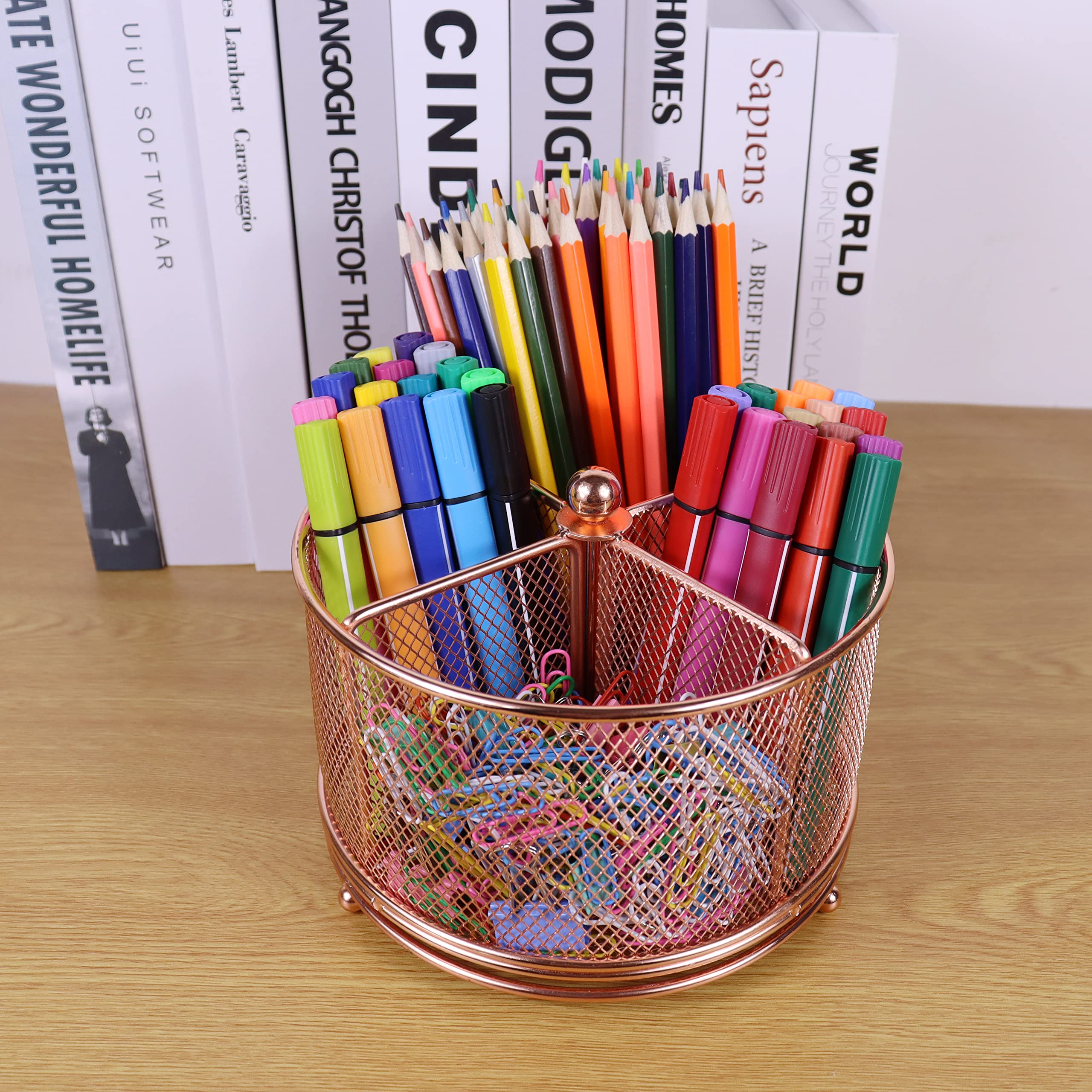 Rose Gold Mesh Rotating Pen Holder - 4 Compartment Desk Organizer for Pencils, Markers & Office Supplies - Large Capacity Stationery Storage for Women, Kids, Students & Teachers - Perfect for Home Office, School & Workspace Organization
