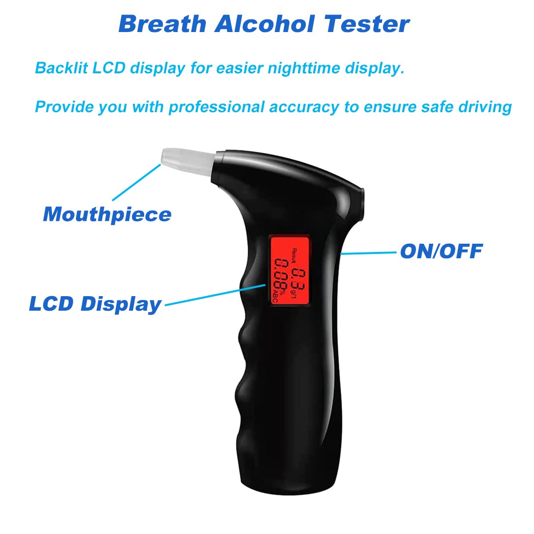 Professional Portable Breathalyzer with Digital LCD Display - Accurate Alcohol Tester for Drivers, Auto Power Off & Sound Alarm, Includes 5 Mouthpieces (Black) | Perfect for Personal Safety, Workplace Testing & Home Use