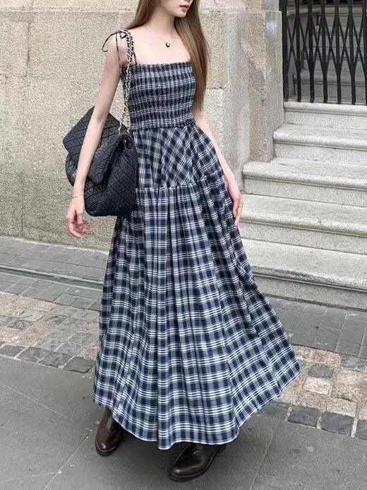 Lovevop Women's Blue Plaid Elastic Suspender A-Line Dress - Casual Vintage Style for Parties, Dates & Everyday Wear