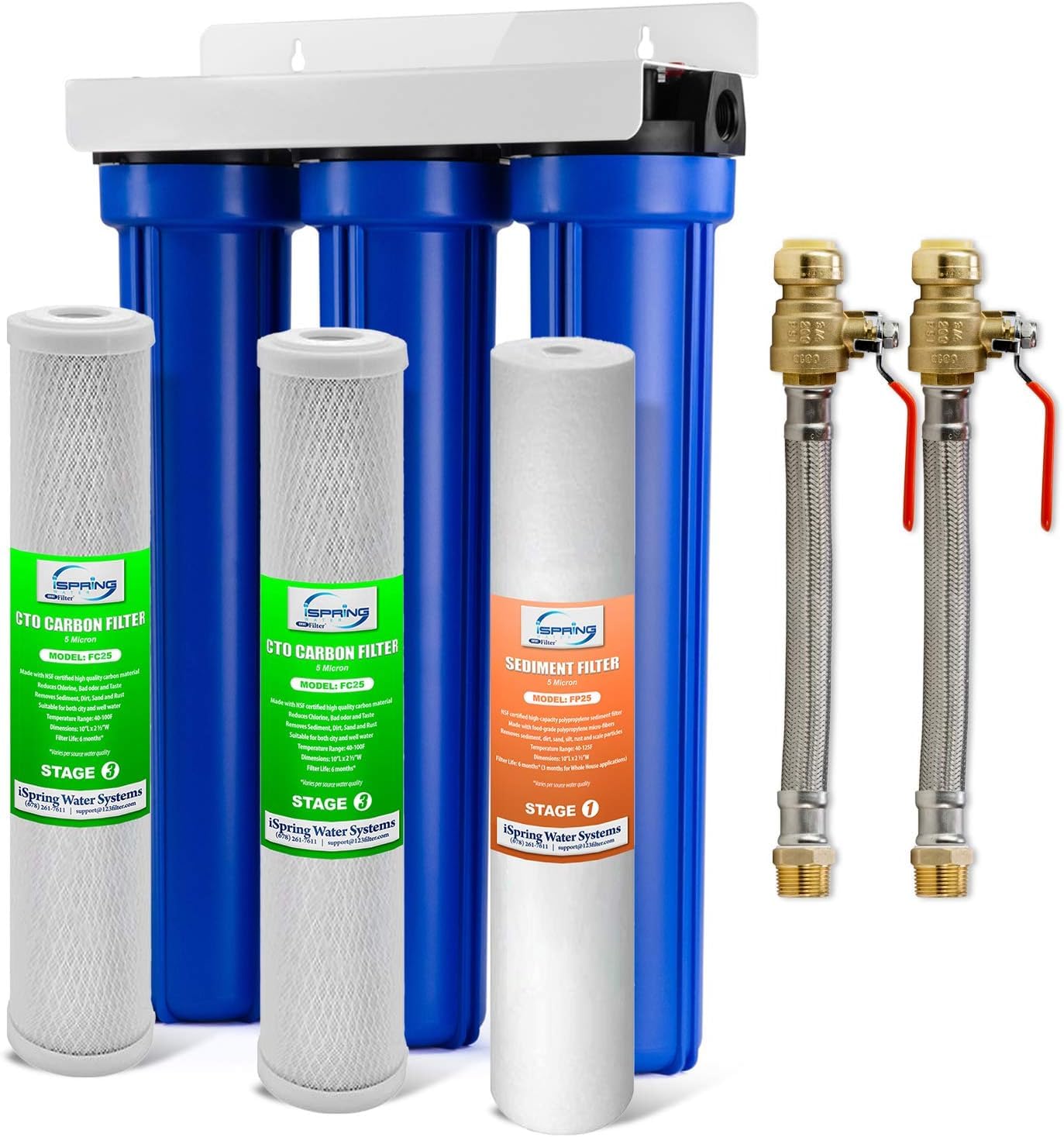 iSpring WCB32O+AHPF12MNPT12X2 Whole House Water Filter System – 3-Stage Filtration, Reduces 99% Chlorine, Sediment, Bad Taste & Odor, 3/4