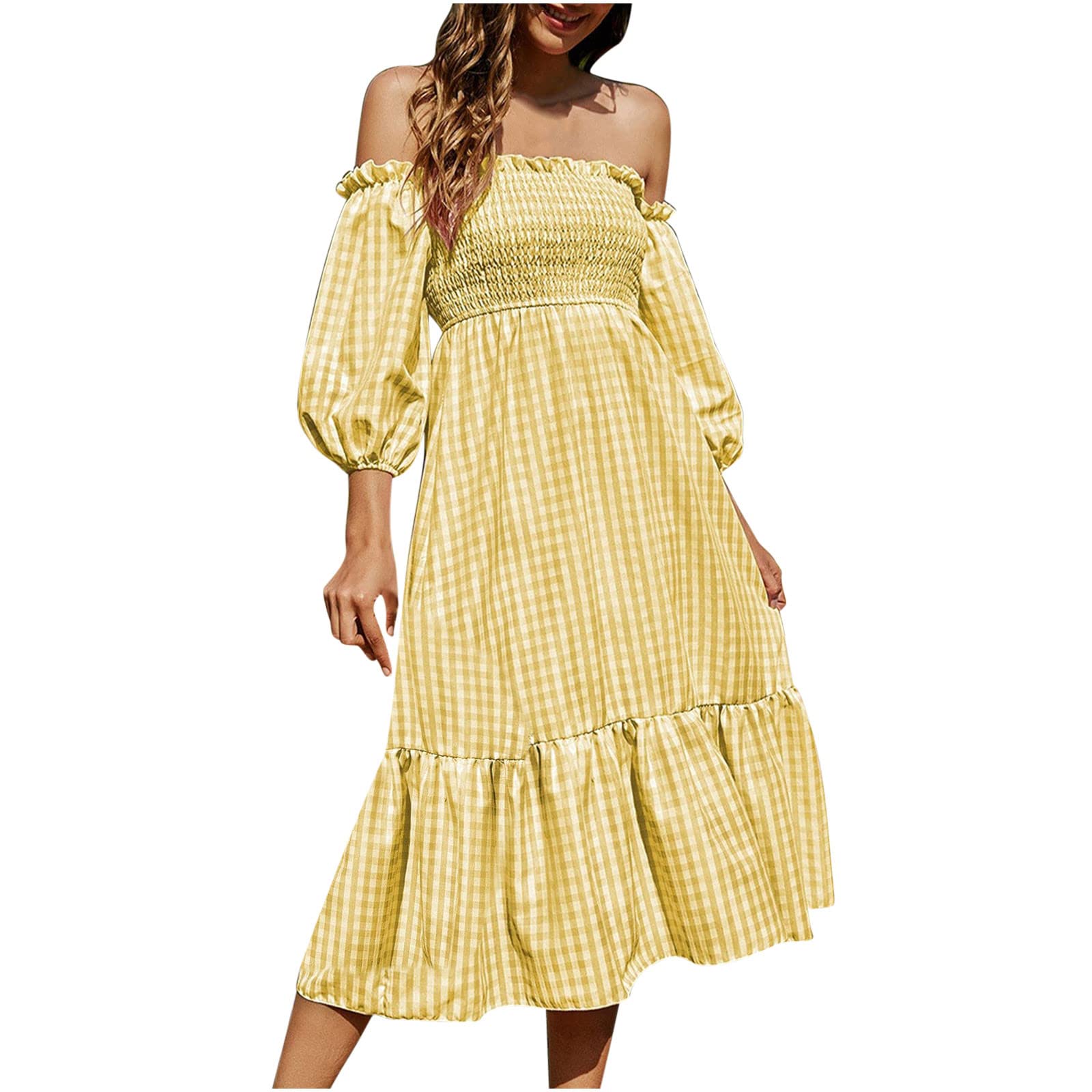 Boho Cottagecore Summer Dress for Women - Plaid Off Shoulder Puff Sleeve Smocked Ruffle Flowy Midi Dress | Beach Wedding, Vacation, Garden Party Outfit