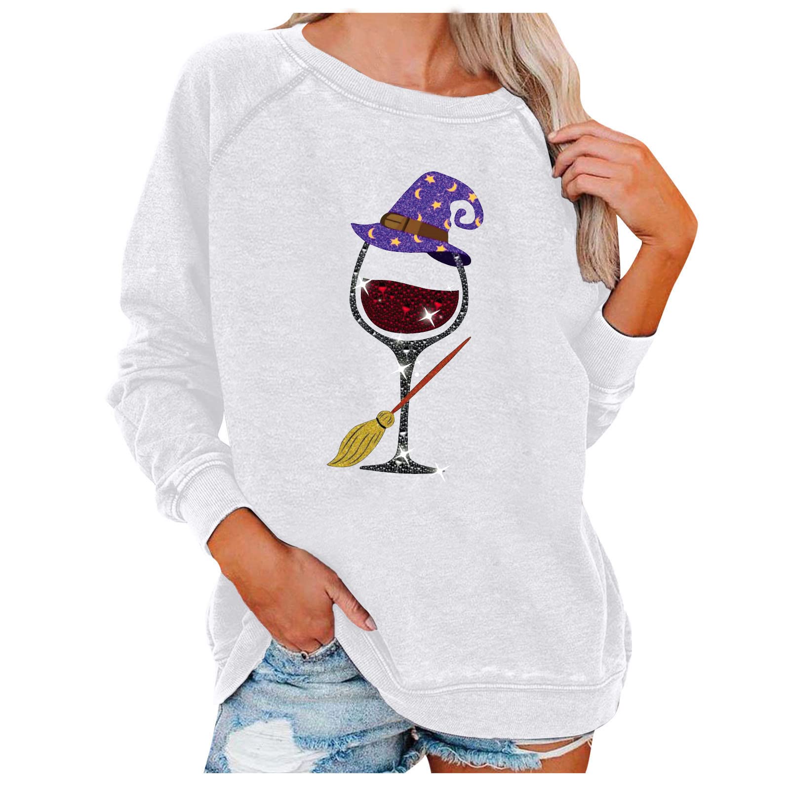 Halloween Witch Graphic Sweatshirt for Women - Casual Full Sleeve Round Neck Loose Blouse - Cute Halloween Print Tops for Costume Parties & Spooky Season Outfits