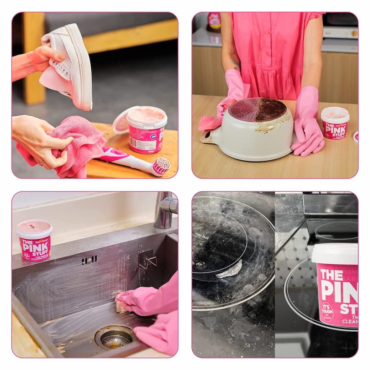 The Pink Stuff Miracle Cleaning Paste 850g, Multi-Purpose Spray 850ml & Cream Cleaner 500ml Bundle with 2 Cleverry Scrub Sponges - Powerful Stain Remover for Kitchen, Bathroom & Household Cleaning