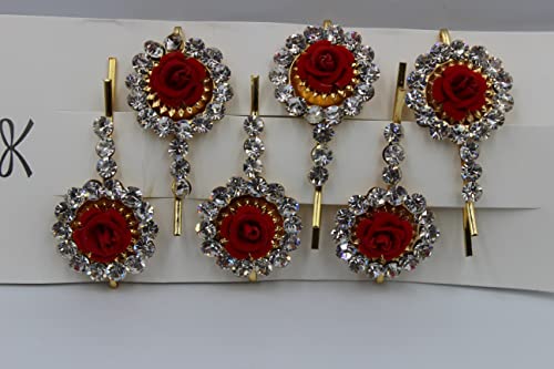 AB Beauty House Barrettes Hair Clips for Women & Girls - 6 Pack Random Shape Hairpins with Red Flower Design | Perfect for School, Parties, Weddings & Everyday Styling