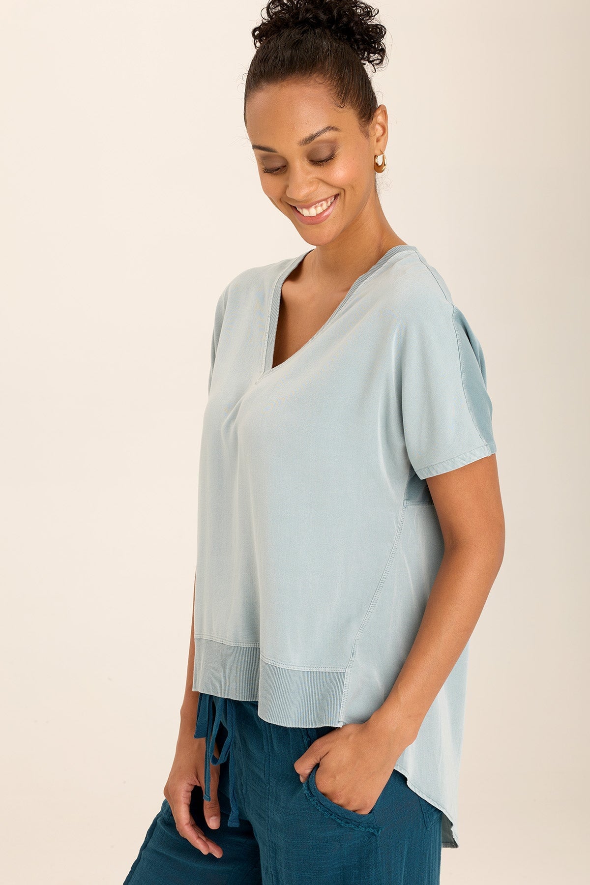 Clara Twill & Jersey Relaxed V-Neck T-Shirt for Women - Soft Casual Comfort Tee for Everyday Wear, Lounge & Outings