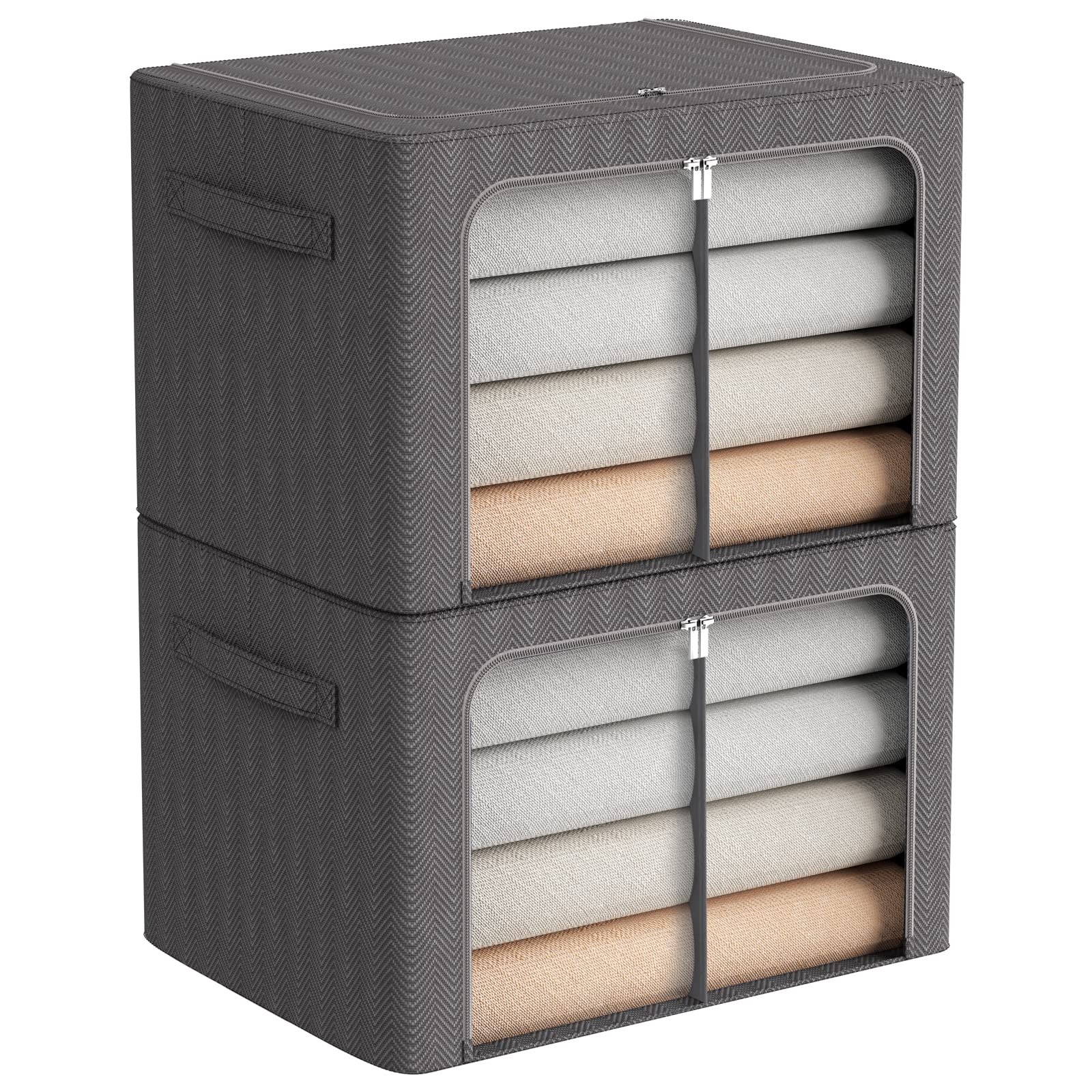 Foldable Clothes Storage Bins 2-Pack - Large Capacity Stackable Metal Frame Organizer Box with Clear Windows & Handles (100L, Grey) - Perfect for Closet, Bedroom, Nursery & Travel Organization