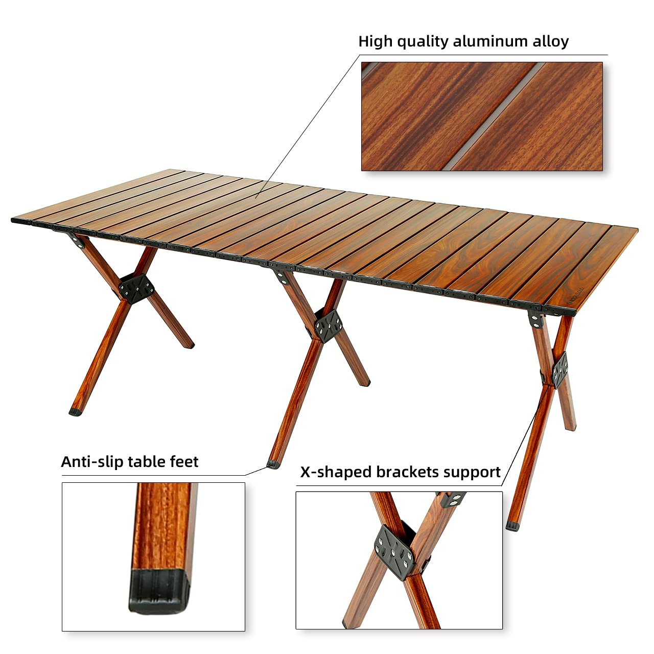 Portable Folding Camping Table - Aluminum Roll-Up Picnic Table for 4-6 People (48x24 Inch, Wood Grain) | Lightweight & Durable for Outdoor BBQ, Backyard Parties, Beach Trips, and Tailgating