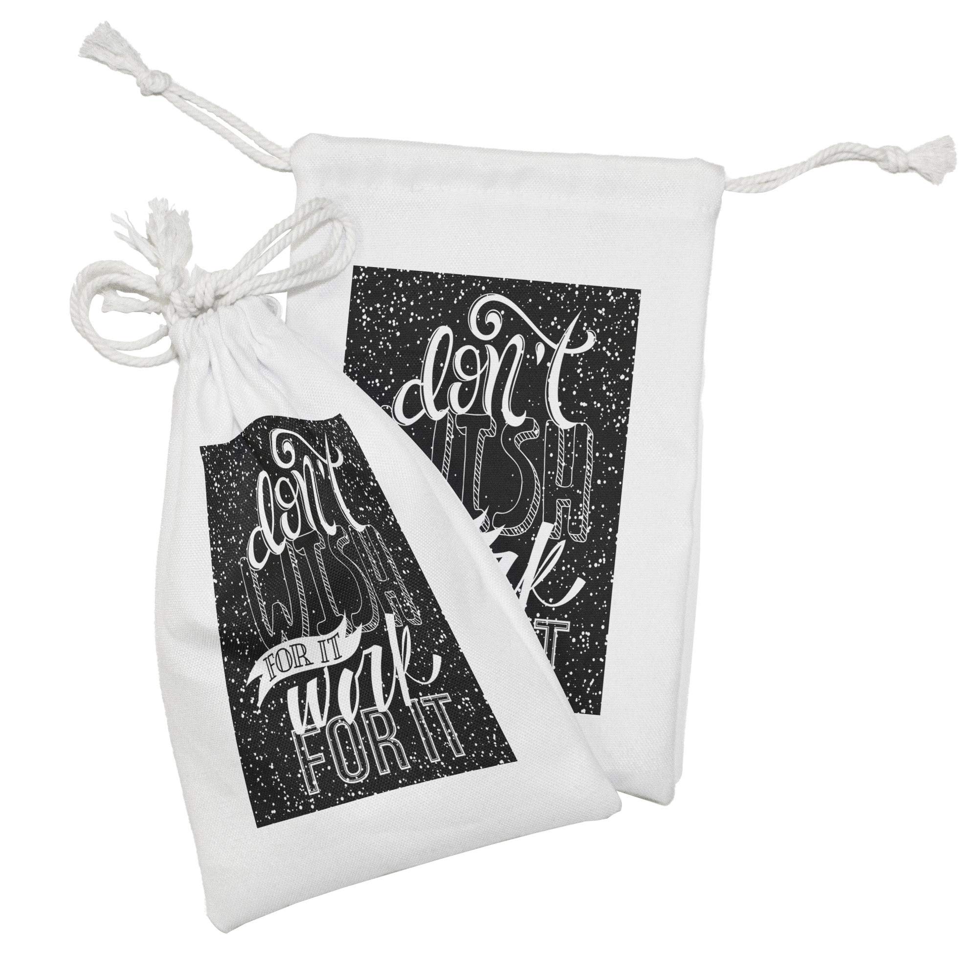 Ambesonne Motivational Fabric Pouch Set of 2 - 'Do Not Wish for It Work for It' Typographic Design with Polka Dots - Small Drawstring Bags for Toiletries, Makeup, Masks & Party Favors (9