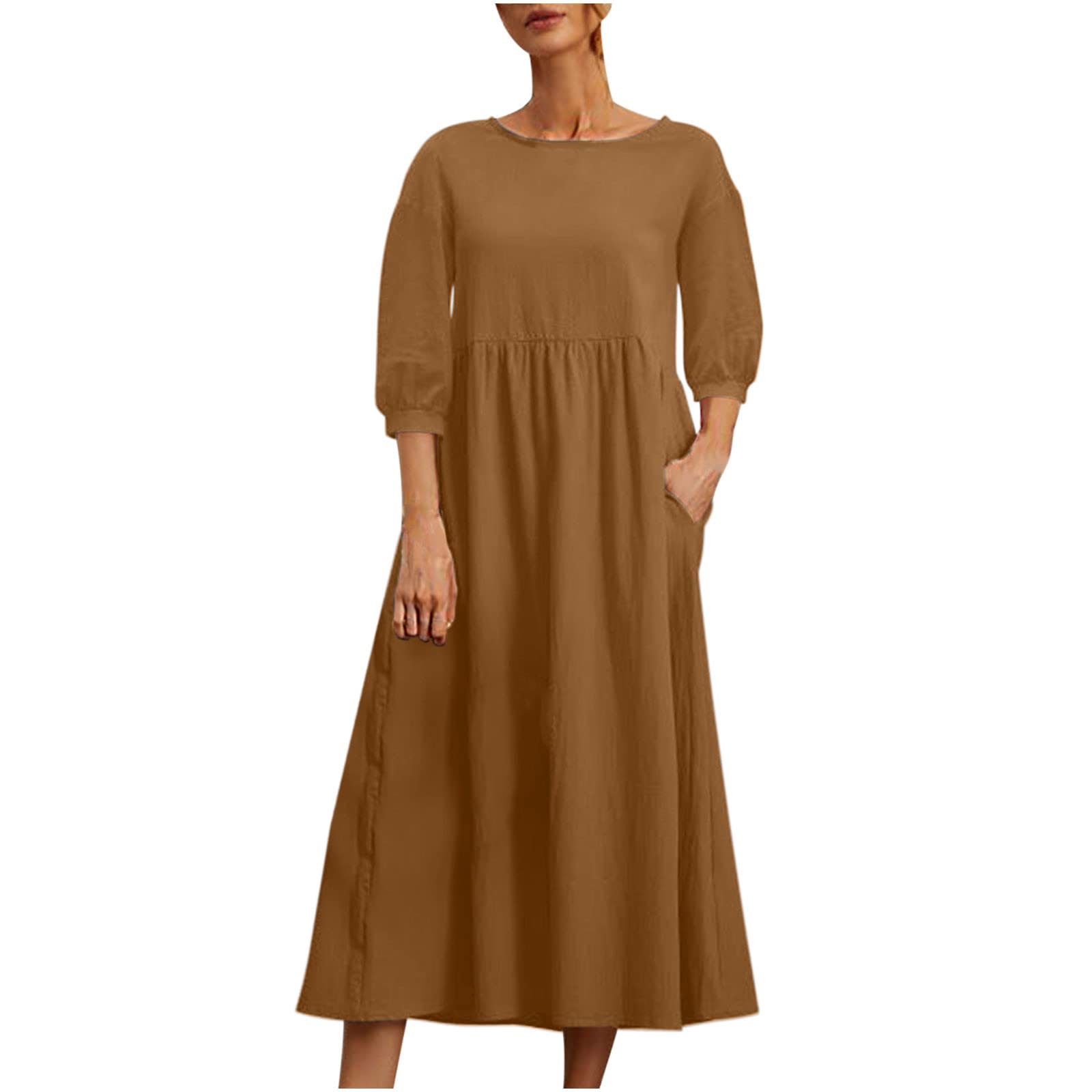 BFAFEN Women's Summer Cotton Linen Midi Dress - Loose Fit, Solid Color, Half Sleeve Round Neck with Pockets | Casual Vacation, Beach, Brunch & Everyday Wear