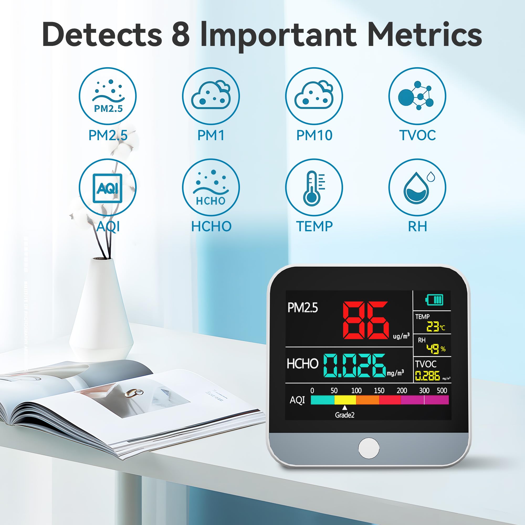 13-in-1 Air Quality Monitor Indoor - PM1/PM2.5/PM10 Particle Counter, AQI, Humidity, TVOC, Formaldehyde & Temperature Detector for Home & Office - Portable Air Quality Tester (White) - Perfect for Baby Rooms, Bedrooms & Workplaces