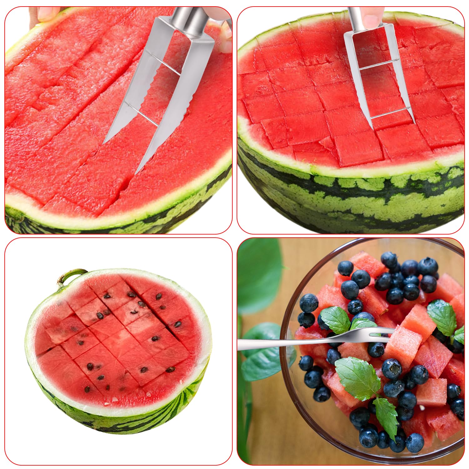 Premium Stainless Steel Watermelon Cutter with 3 Fruit Forks - Quick & Easy Melon Cube Slicer for Kitchen - Perfect for Summer BBQs, Picnics, and Fruit Salad Preparation