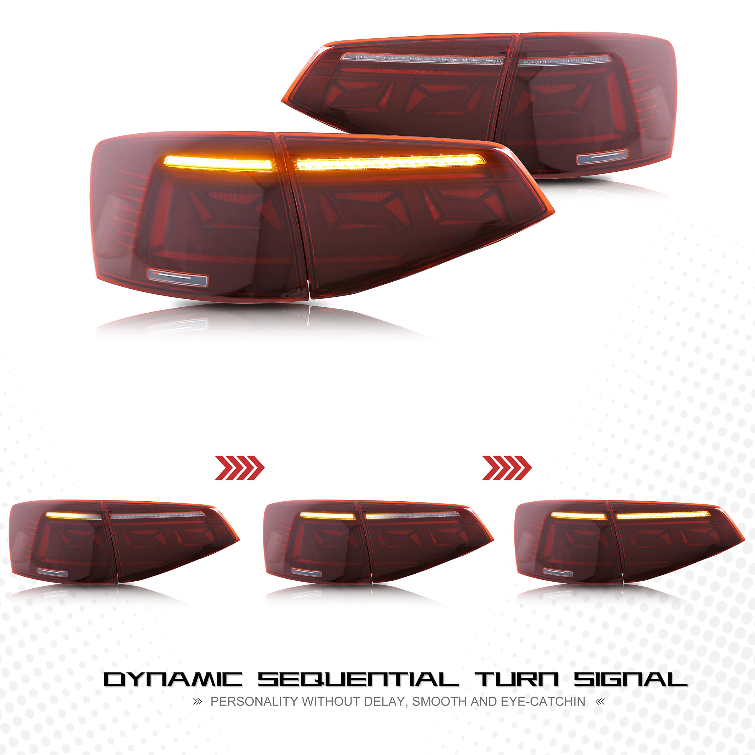 2015-2018 Volkswagen Jetta LED Tail Lights with Startup Animation & Sequential Turn Signals - Red Rear Lamp Assembly for Enhanced Visibility & Style