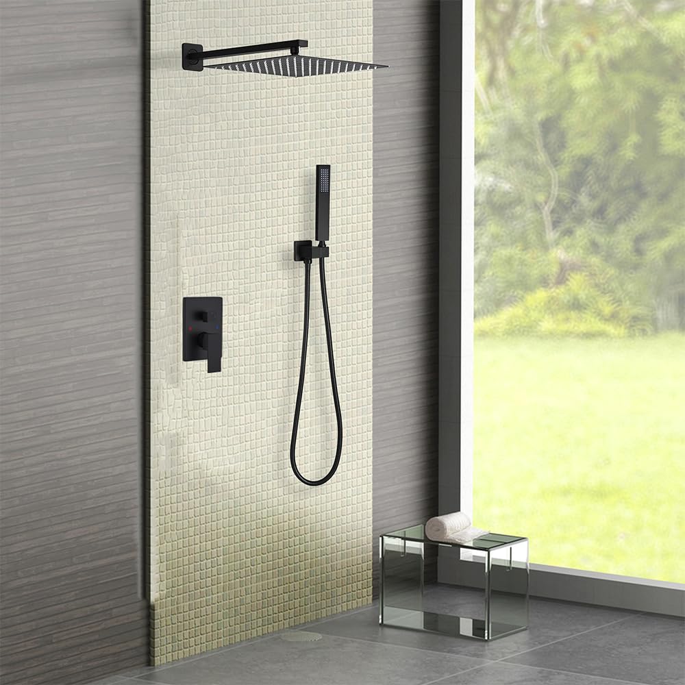 Luxury Matte Black Shower System - 10 Inch Rainfall Shower Head & Handheld Combo Set with Wall Mount Faucet, Valve & Trim | Perfect for Modern Bathroom Renovation & Spa-Like Shower Experience