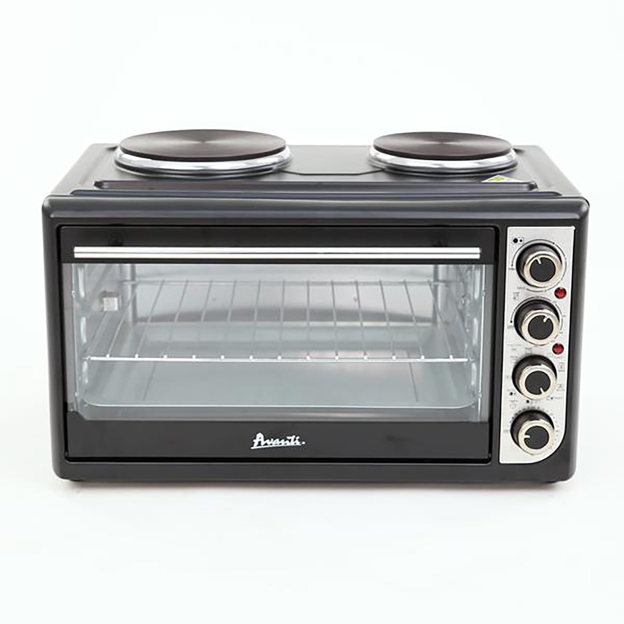 Avanti Portable Convection Oven with Rotisserie & Dual Burner Cooktop - 1.4 Cu.Ft Countertop Oven with 60-Min Timer, Auto Shut-Off - Perfect for Small Kitchens, Camping & Outdoor Cooking (Black)