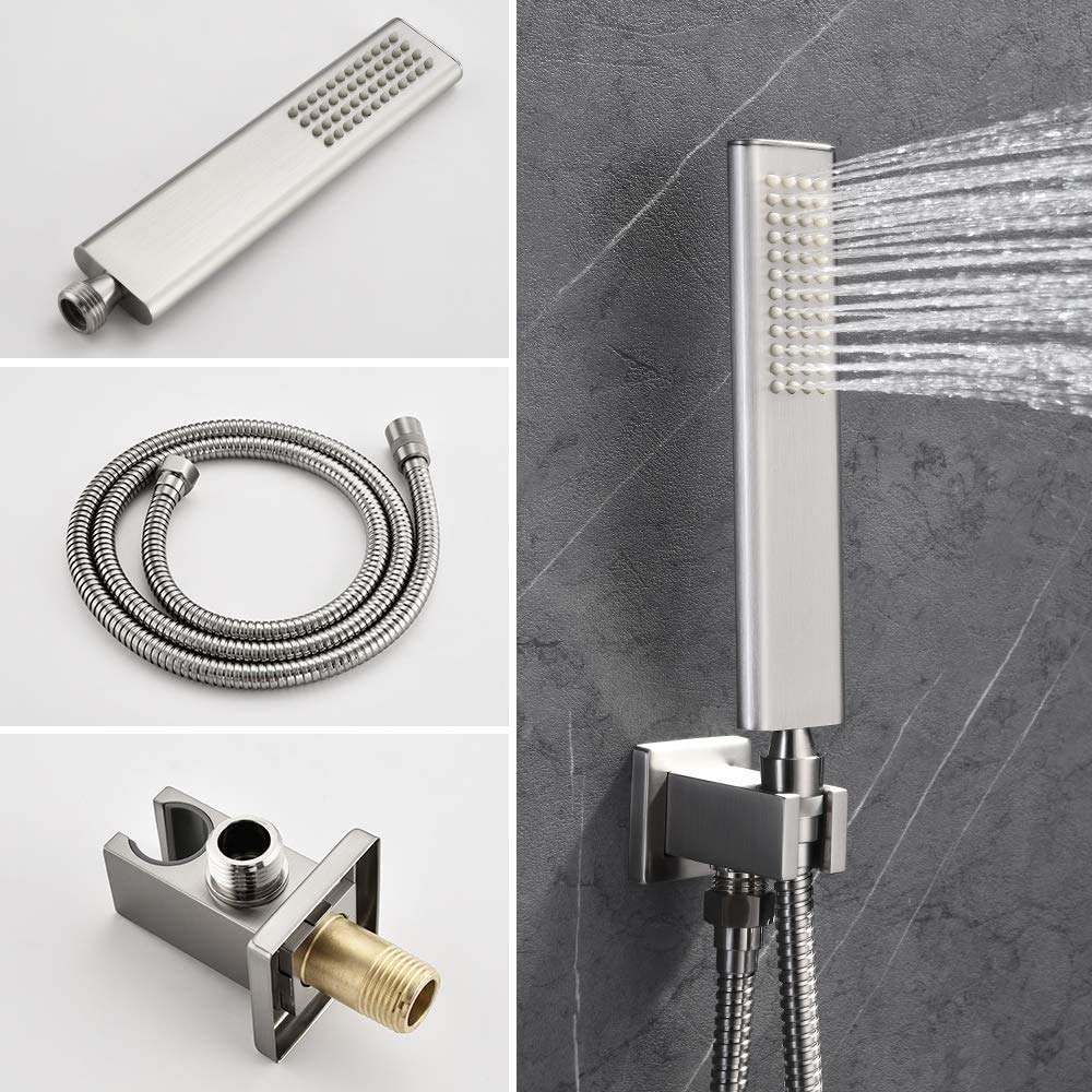 Premium Iriber Ceiling Mount Rain Shower System - 8 Inch Rainfall Showerhead & Handheld Spray Combo with Shower Faucet Mixer & Trim Kit (Brushed Nickel Finish) - Perfect for Modern Bathroom Renovation & Spa-Like Shower Experience