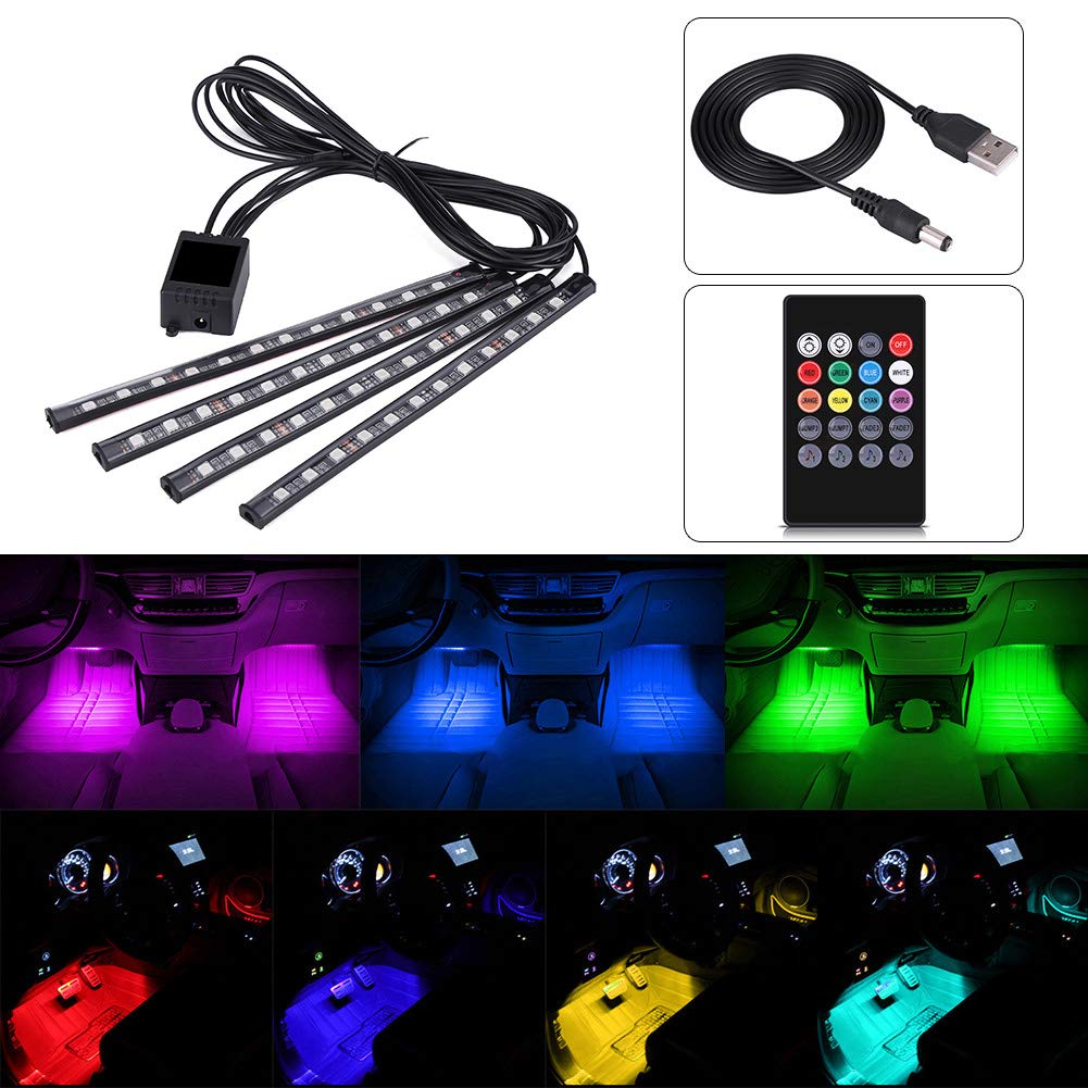 5V 4X 12SMD RGB LED Strip Lights for Car Interior - Multi-Color Remote Control Footwell Atmosphere Lighting for Cars, Trucks & SUVs (Perfect for Night Driving & Custom Car Decor)
