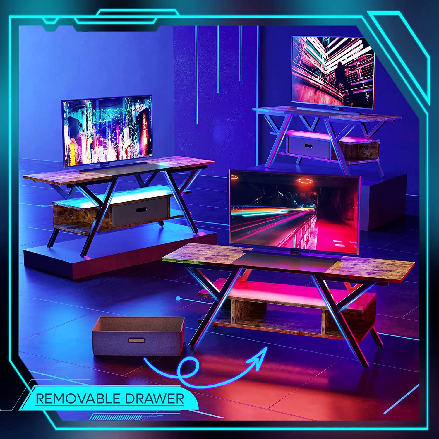 Bestier Modern LED TV Stand for 55/60/65 Inch TVs - Rustic Brown Gaming Entertainment Center with Fabric Drawer Storage & 20 LED Light Modes - Perfect for Living Room, Bedroom & Home Theater Setup (PS5/Xbox Compatible)
