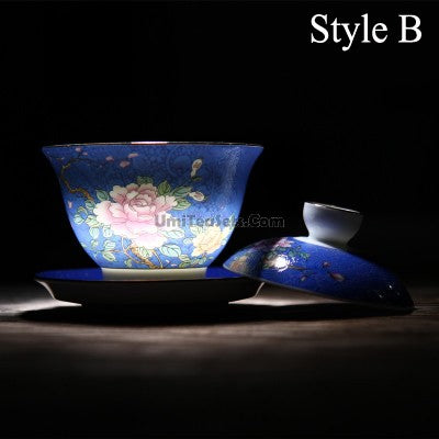 Premium Enamel Porcelain Flower Gaiwan Tea Set - Traditional Chinese Tea Cup with Lid & Saucer - Perfect for Gongfu Tea Ceremony, Home Decor, and Gift Giving