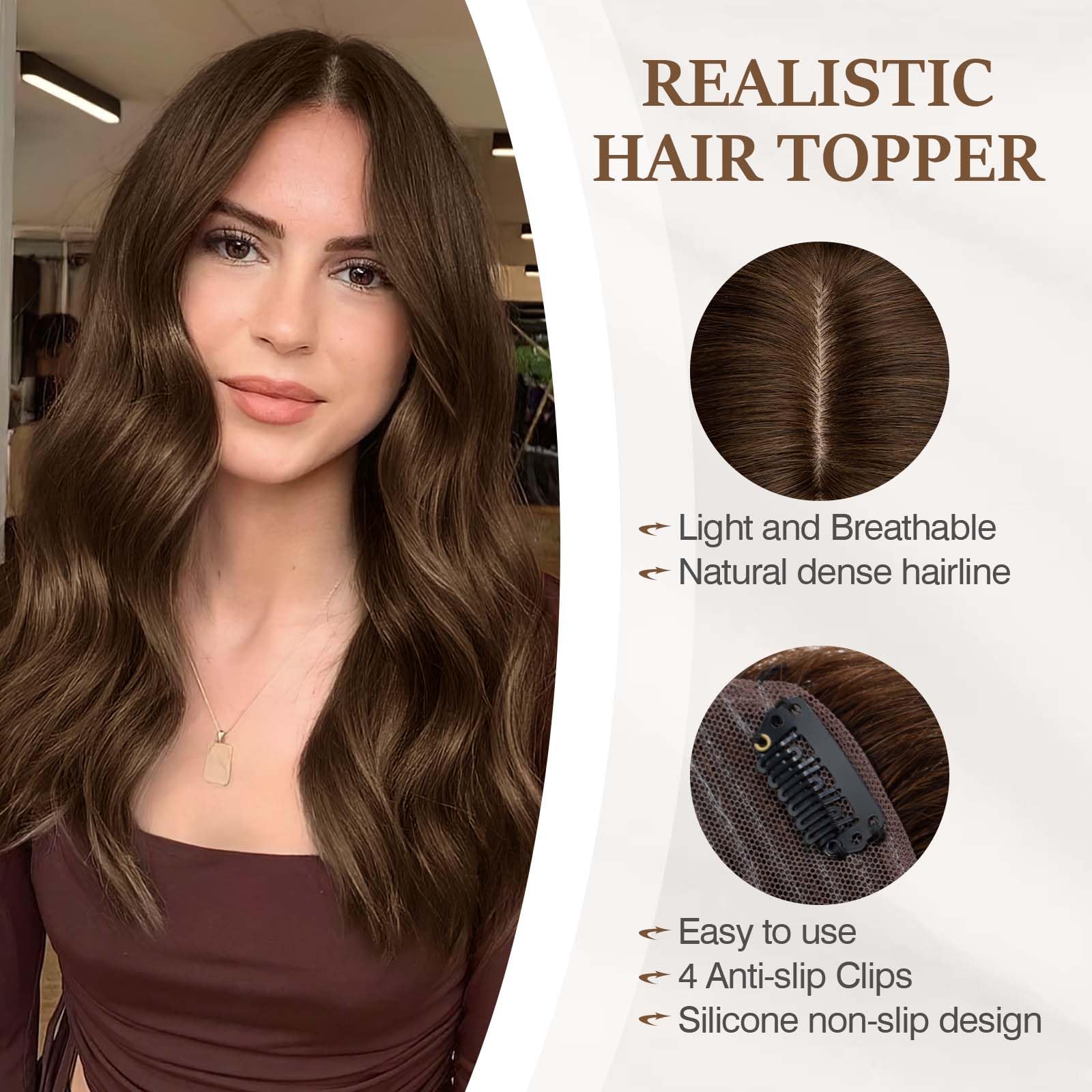 100% Human Hair Toppers for Women - Clip-in Remy Hair Topper with Silk Base for Thinning Hair - 16 Inch Medium Brown (#4) - Natural Looking Hair Replacement for Daily Wear & Special Occasions