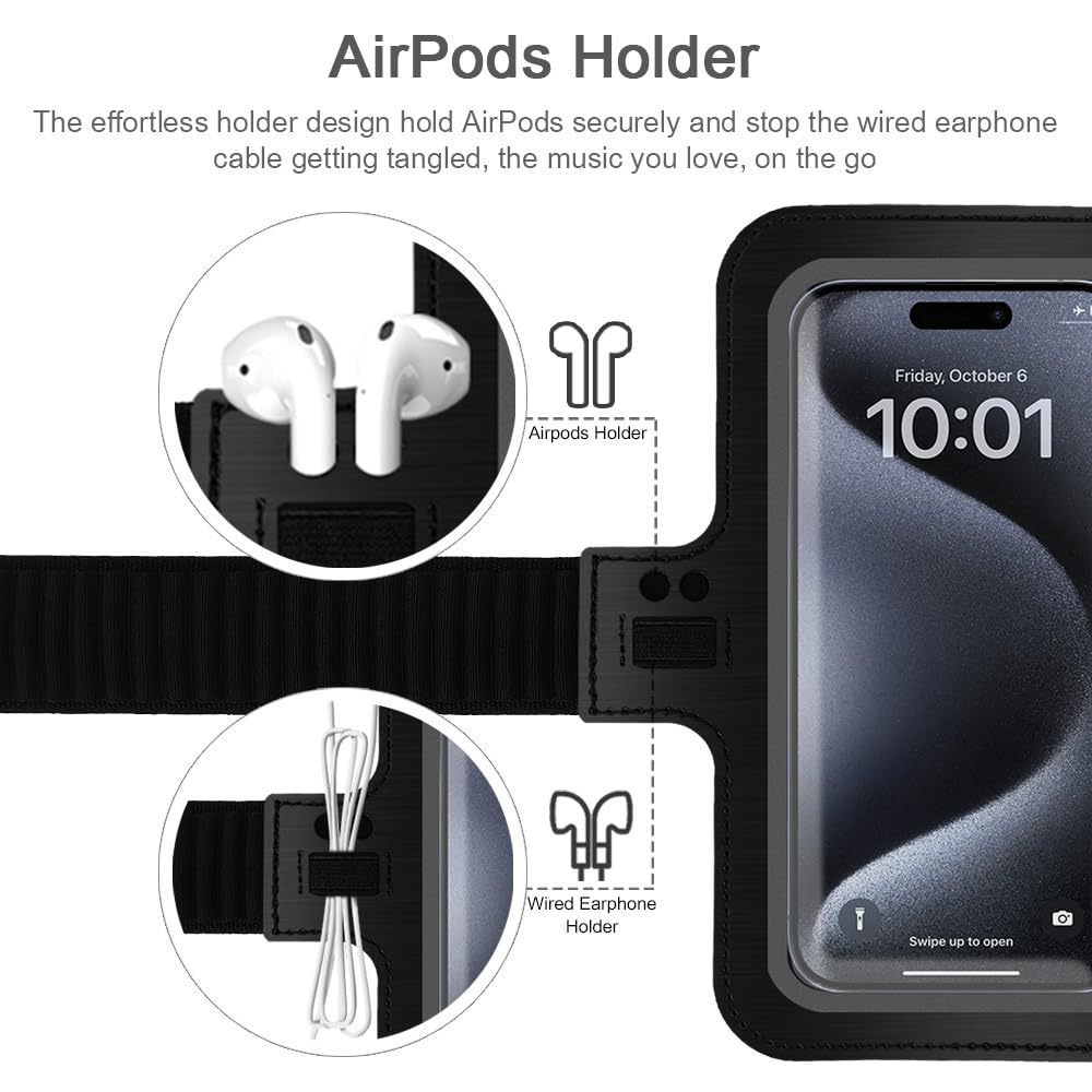JEMACHE Premium Running Armband for iPhone 16/15/14/13/12/11 Pro Max & Samsung Galaxy S25/S24/S23/S22 Ultra/Plus - Sweatproof Phone Holder with Earphone Loop & Adjustable Strap (Black, Large) - Perfect for Jogging, Gym Workouts & Outdoor Activities