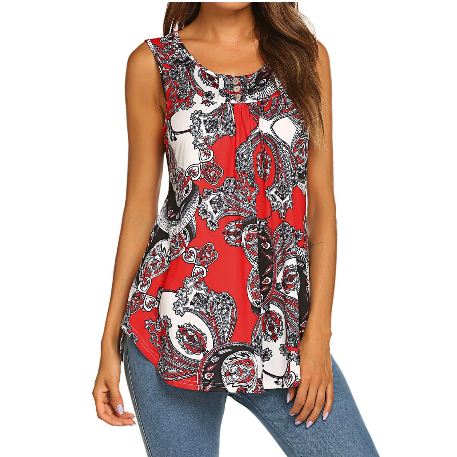 Women's Printed Camisole Tank Tops - Comfortable Crew Neck Blouse for Business & Casual Wear - Dressy White Top for Office, Dating & Summer Outfits
