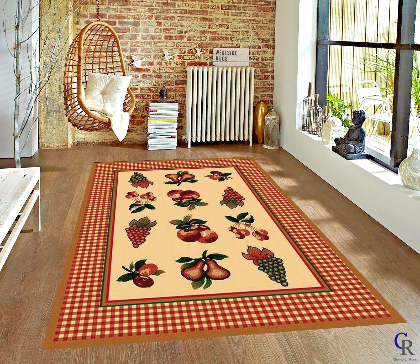 Champion Fruits Kitchen Rug - Apple Grapes Pears Cherries Design Non-Slip Washable 5'3
