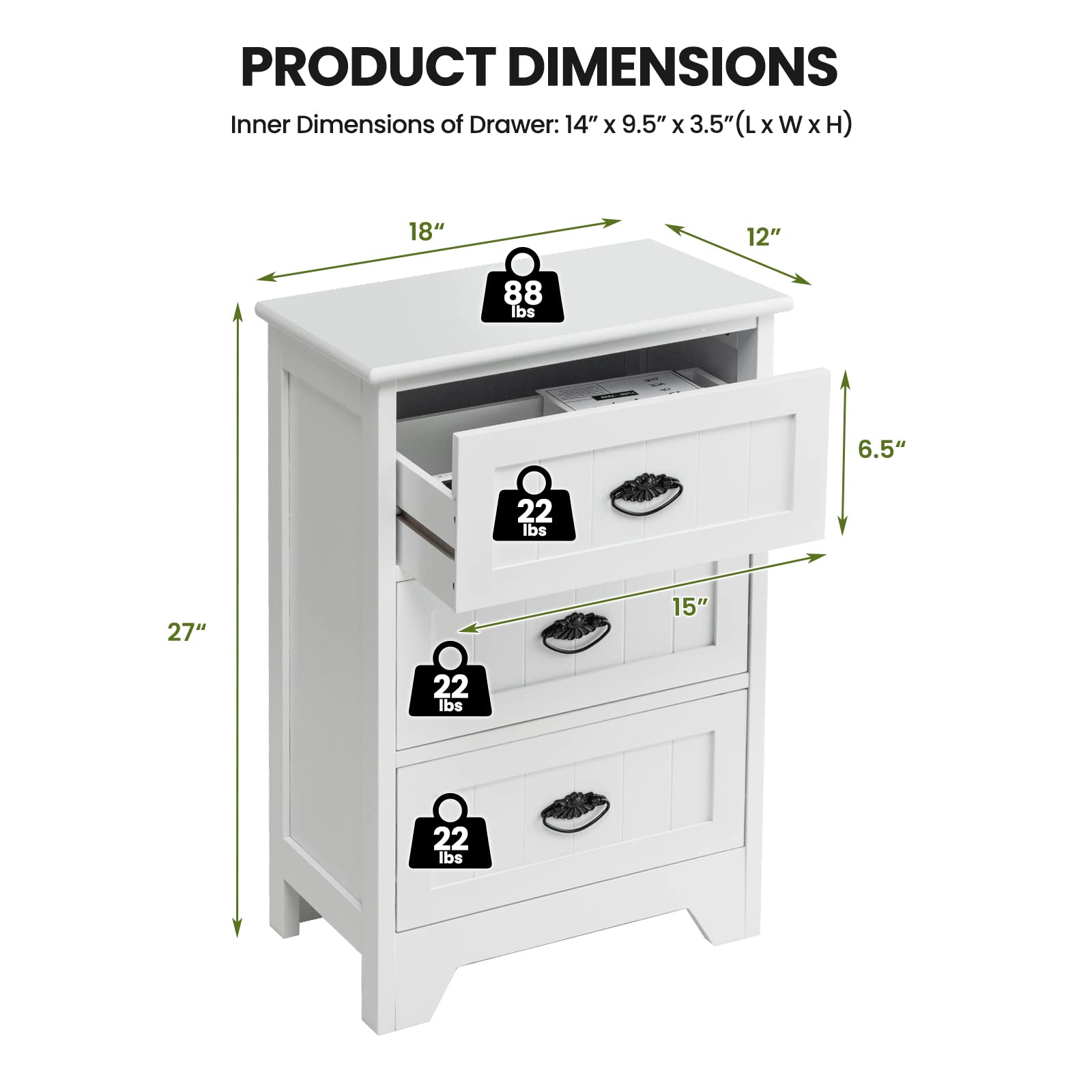 Giantex White Nightstand Set of 2 - 3 Drawer Bedside Table with Metal Handles, Anti-Tip Design for Bedroom, Living Room & Office - Perfect for Storage, Reading & Home Decor