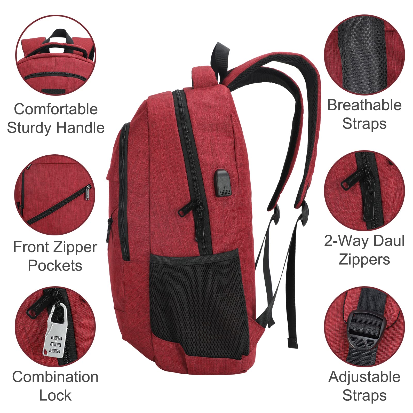 Anti Theft Laptop Backpack for Women with USB Charging Port - 15.6 Inch Waterproof Travel Backpack for School, Work & Business (Red) - Perfect for Commuting, College & Business Trips