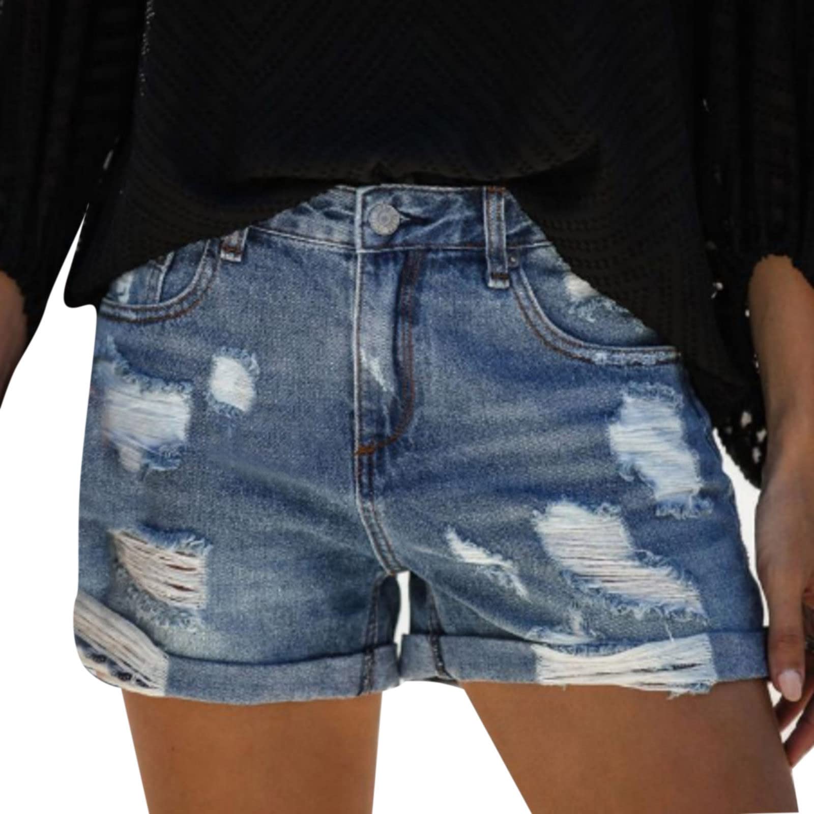 BEUU Women's Mid Rise Boyfriend Denim Shorts - Stretch Comfy Straight Rolled Up Jean Shorts with Pockets | Casual Summer Outfit, Beach Wear & Street Style Fashion