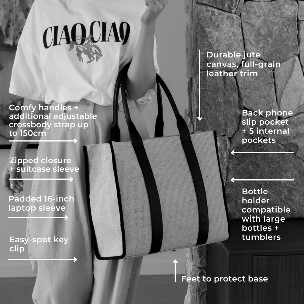 Stylish Large Bon Vivant Structured Tote Bag - Jute Canvas with Tan Leather Trim - Perfect for Work, Travel & Everyday Use