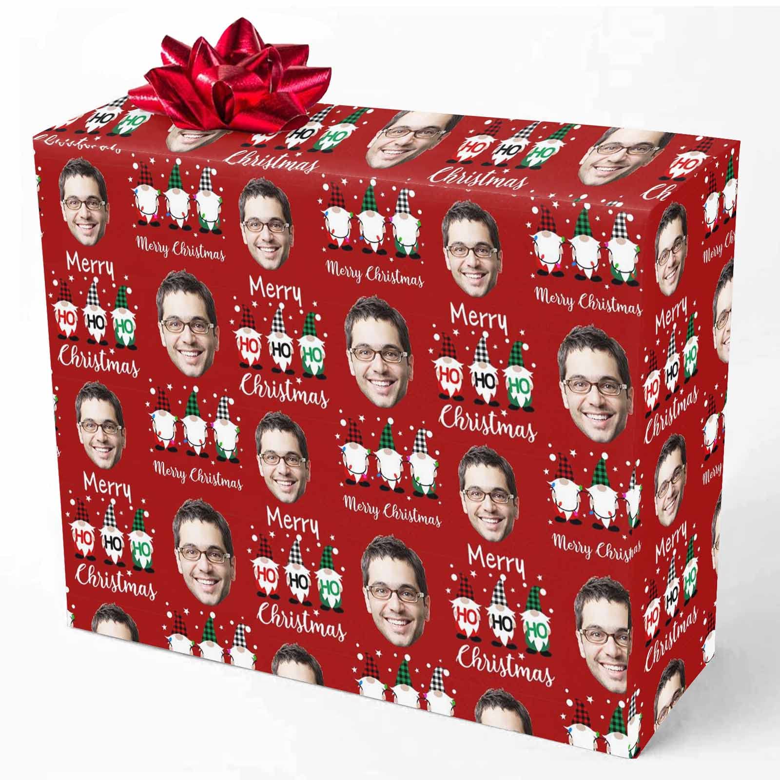 Personalized Christmas Gift Wrapping Paper with Photo - Custom HoHoHo Gnome Design, Red Holiday Wrap Roll (58x23 Inches, 2 Rolls) for Men & Women - Perfect for Christmas Presents, Stocking Stuffers & Party Favors