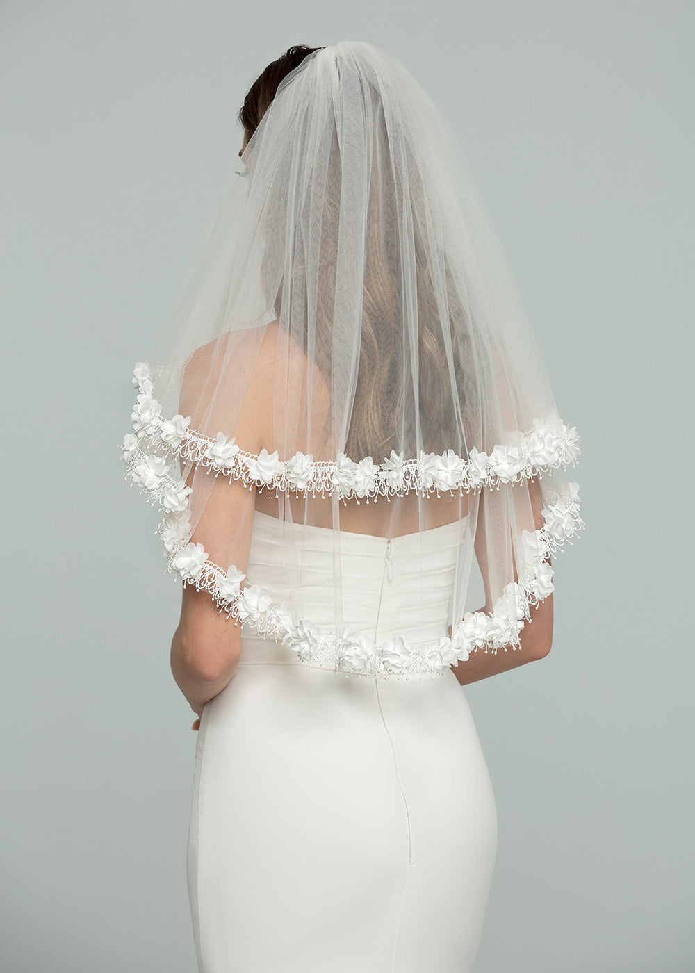 V1009 Elbow Length Wedding Veil With Lace Trim & Floral Accents - Perfect for Bridal Ceremonies, Photos & Special Occasions