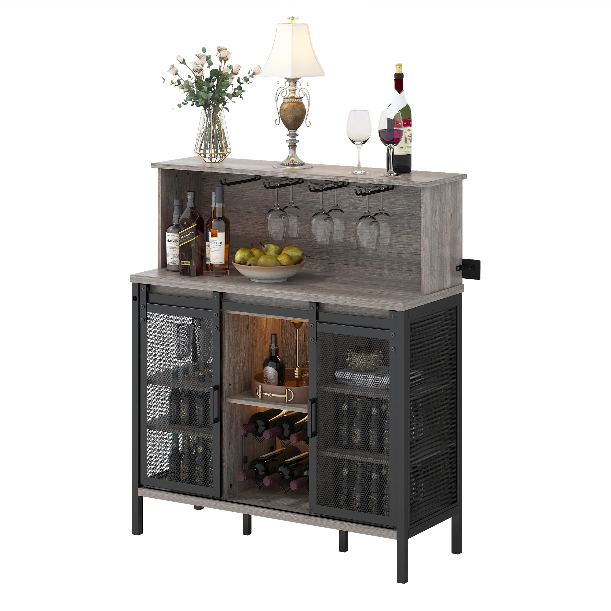 QNICE Farmhouse Coffee & Wine Bar Cabinet with Sliding Barn Door - Rustic Oak Buffet Storage with Wine Rack, Glass Holder & LED Lighting for Kitchen, Living Room, Dining Room - Perfect for Entertaining Guests & Home Decor