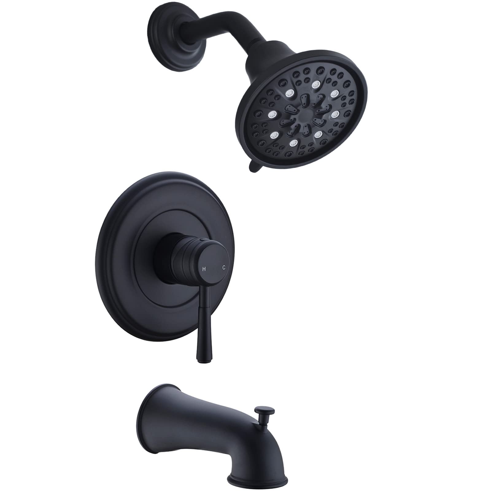 Matte Black Tub Shower Trim Kit - Pressure Balance Shower Faucet Set with 7-Function High-Power Shower Head, Diverter & Bathtub Spout (Includes Brass Rough-In Valve) - Perfect for Bathroom Renovation & Modern Home Upgrade