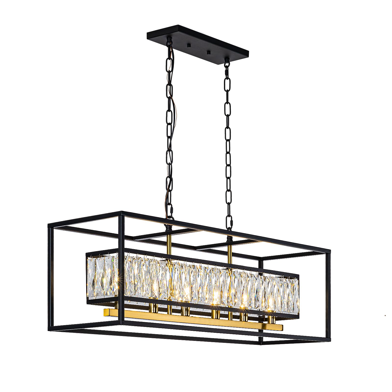 Luxury Black Gold Modern Crystal Chandelier - 6-Light Rectangular Linear Pendant Light Fixture for Dining Room, Living Room, Kitchen Island - Elegant Lighting for Home Decor & Interior Design